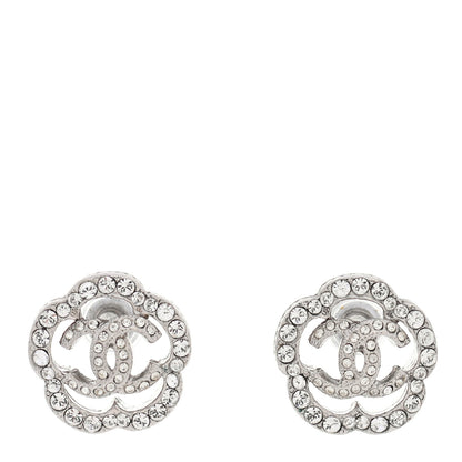 Chanel Crystal Coco Flapper Camellia CC Stud Earrings Silver 1 of 5