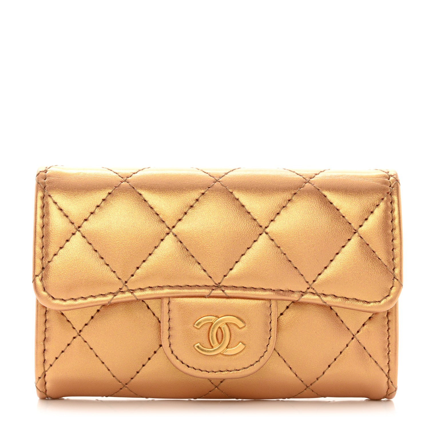 Chanel Metallic Lambskin Quilted Flap Card Holder Wallet Golden 1 of 9