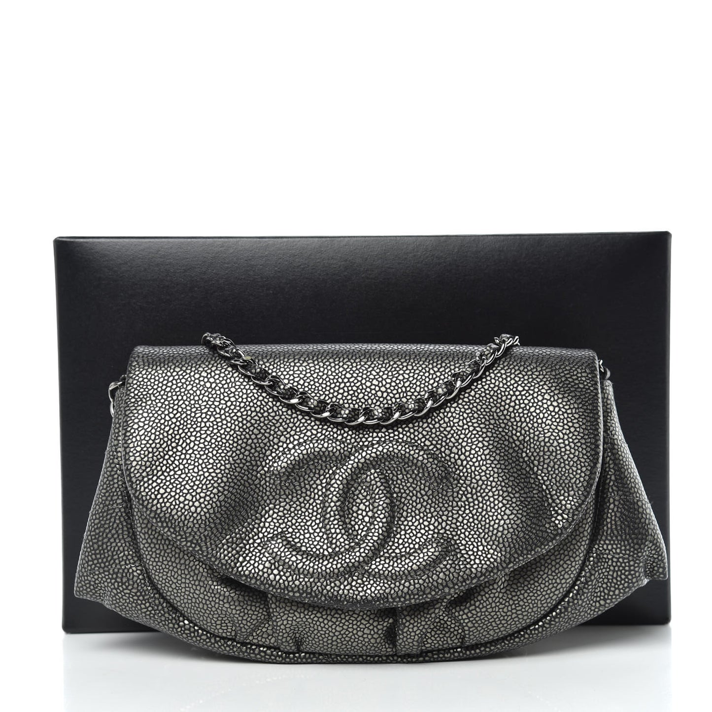 Metallic Caviar Half Moon Wallet On Chain WOC Dark Silver