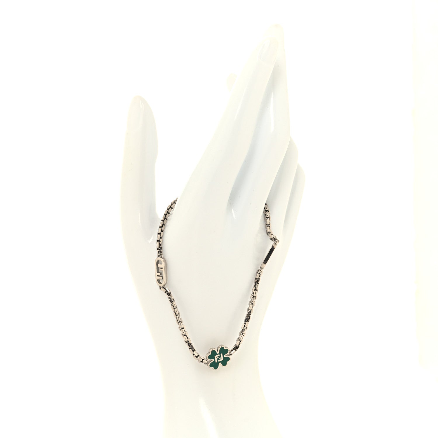 Fendi Brass Enamel O Lock Clover Bracelet Silver Green 1836336