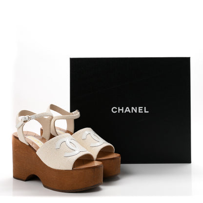 Chanel Fabric Patent Calfskin Platform Wedge Sandals 38 Ivory White 10 of 10