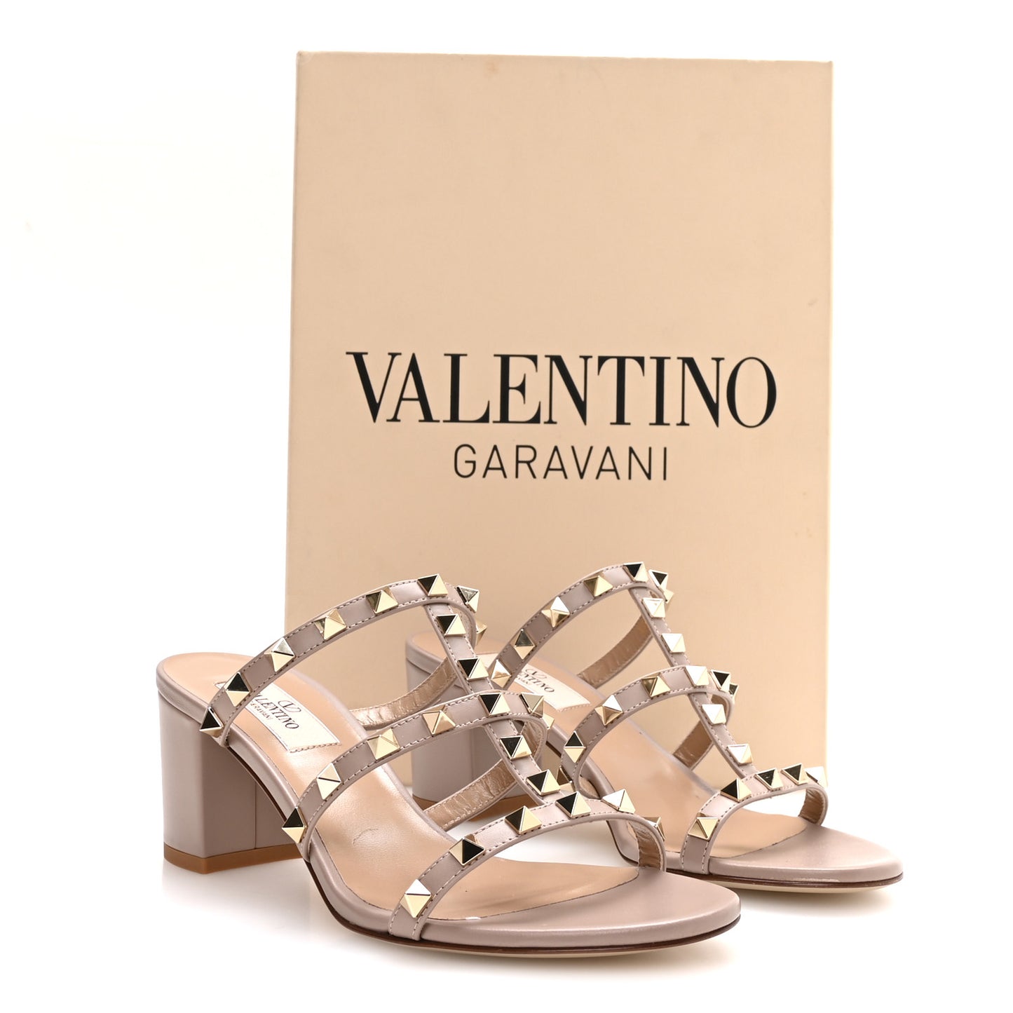 Calfskin Rockstud 60mm Caged Slide Sandals 36.5 Poudre