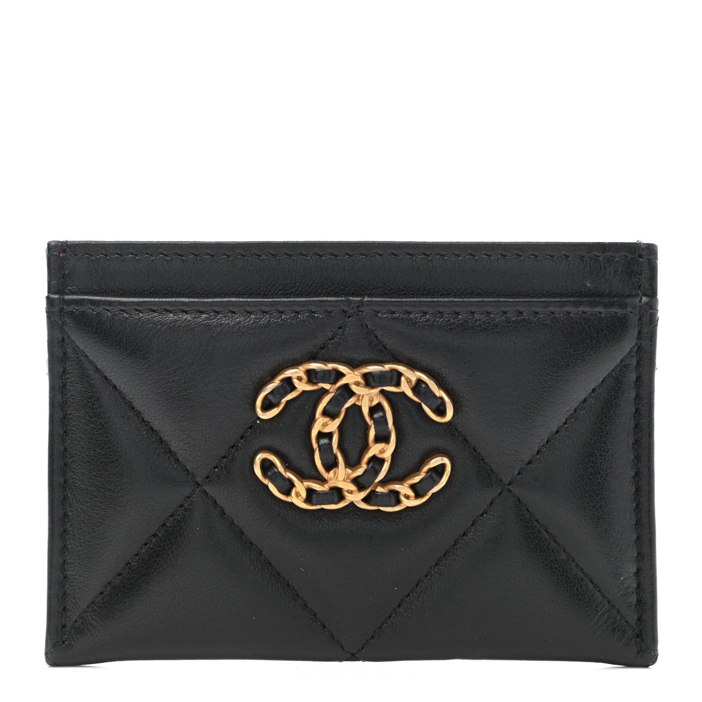 Shiny Goatskin Quilted Chanel 19 Card Holder Black