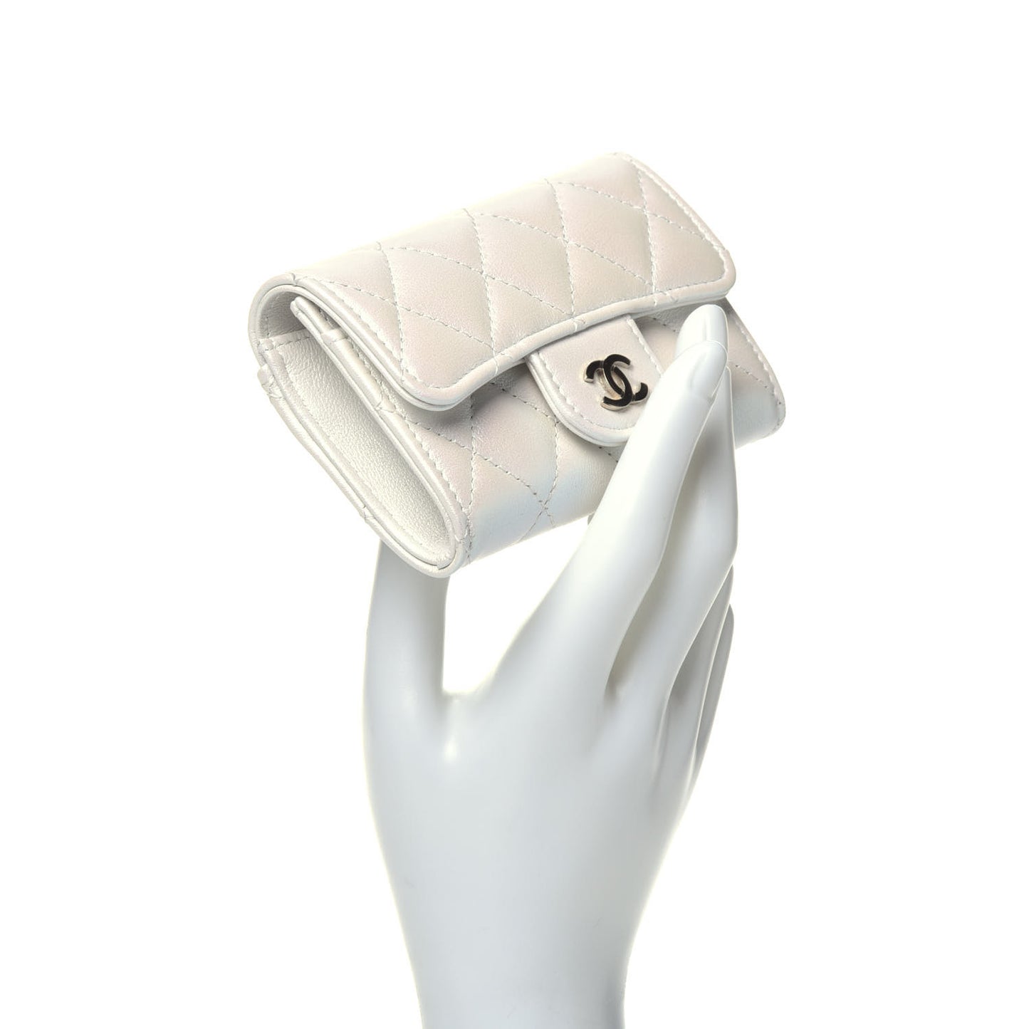 Iridescent Lambskin Quilted Flap Card Holder Wallet Ivory