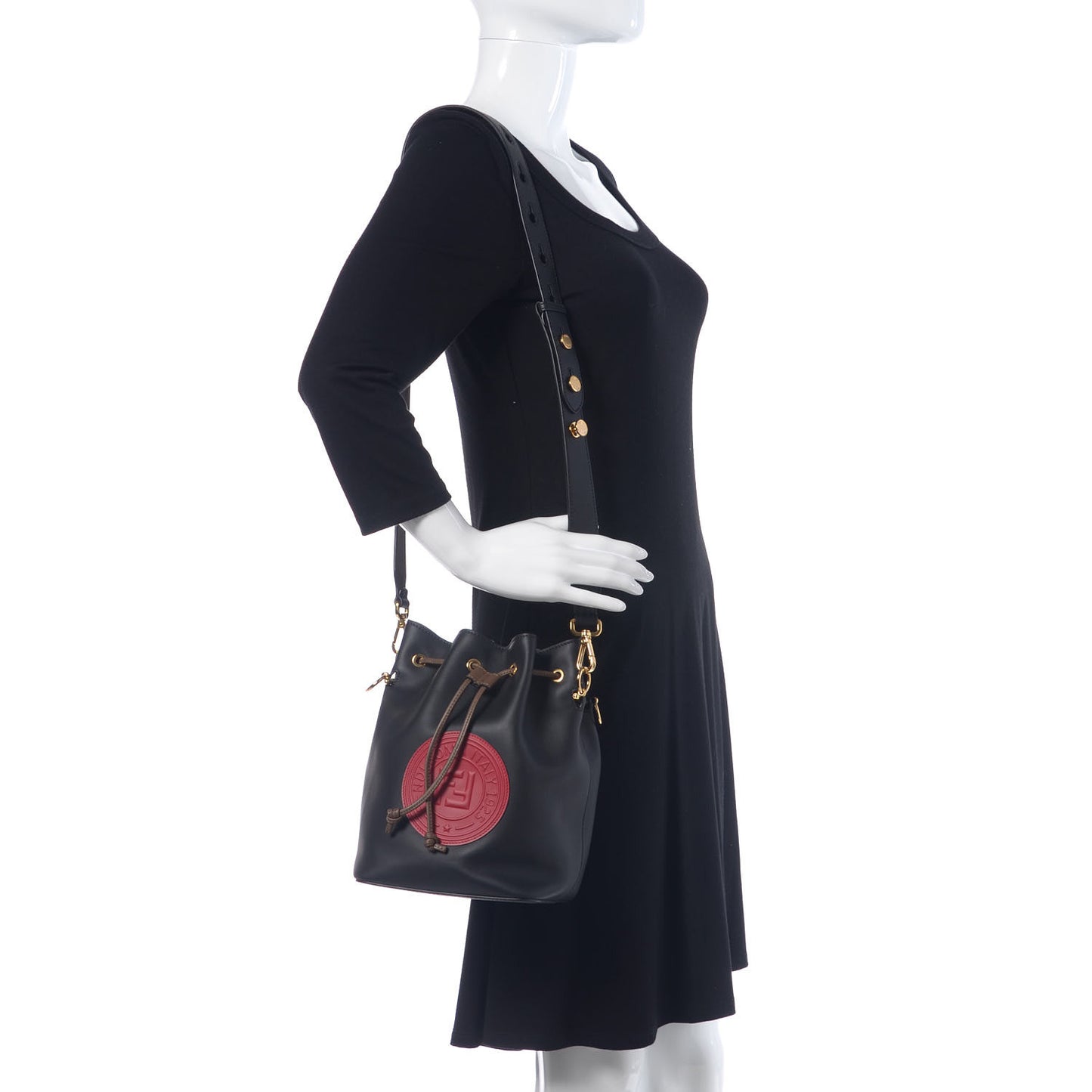 Vitello Century Matte F is Fendi Stamp Patch Bi-Color Grande Mon Tresor Bucket Bag Black Maya Fragola