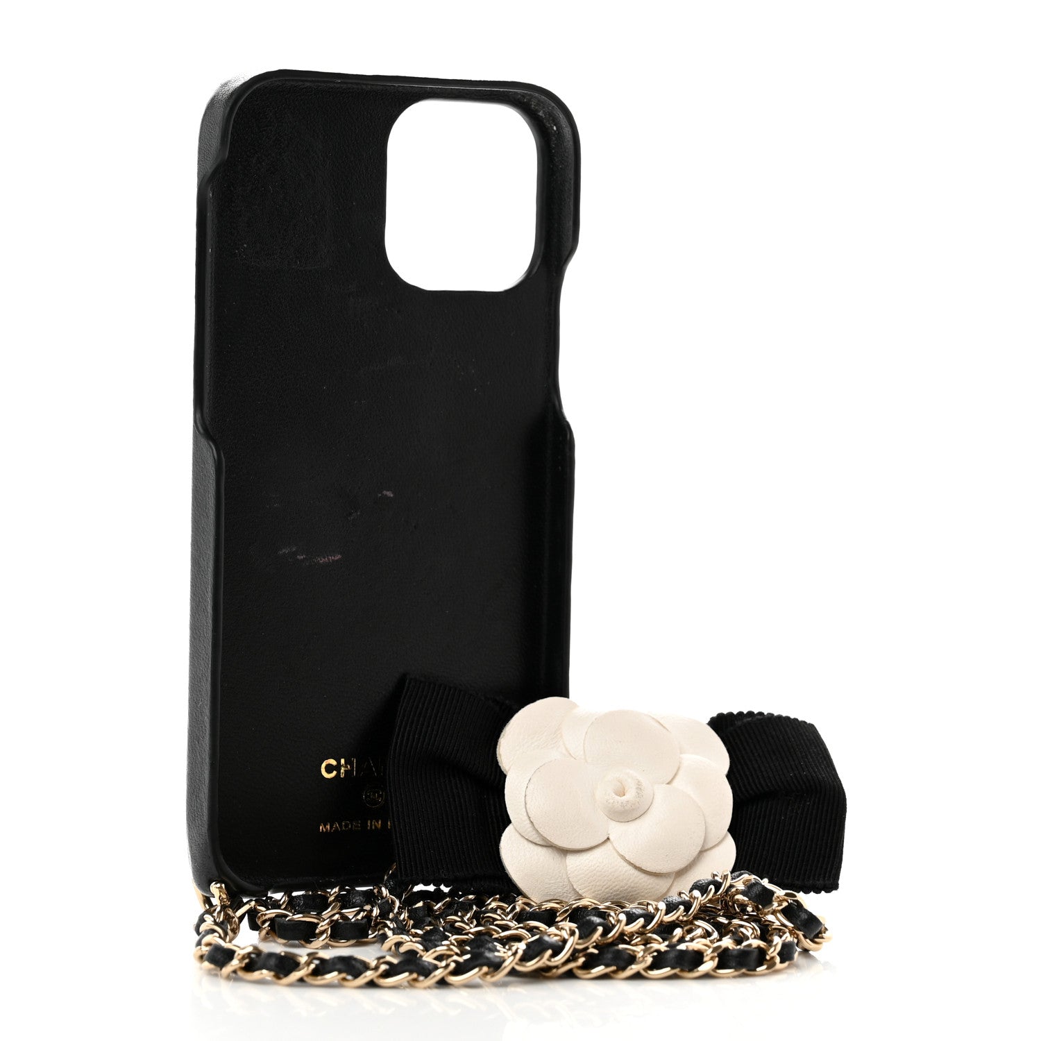 Chanel Lambskin Quilted Camellia Bow iPhone XII Pro Holder With Chain Black 2 of 7