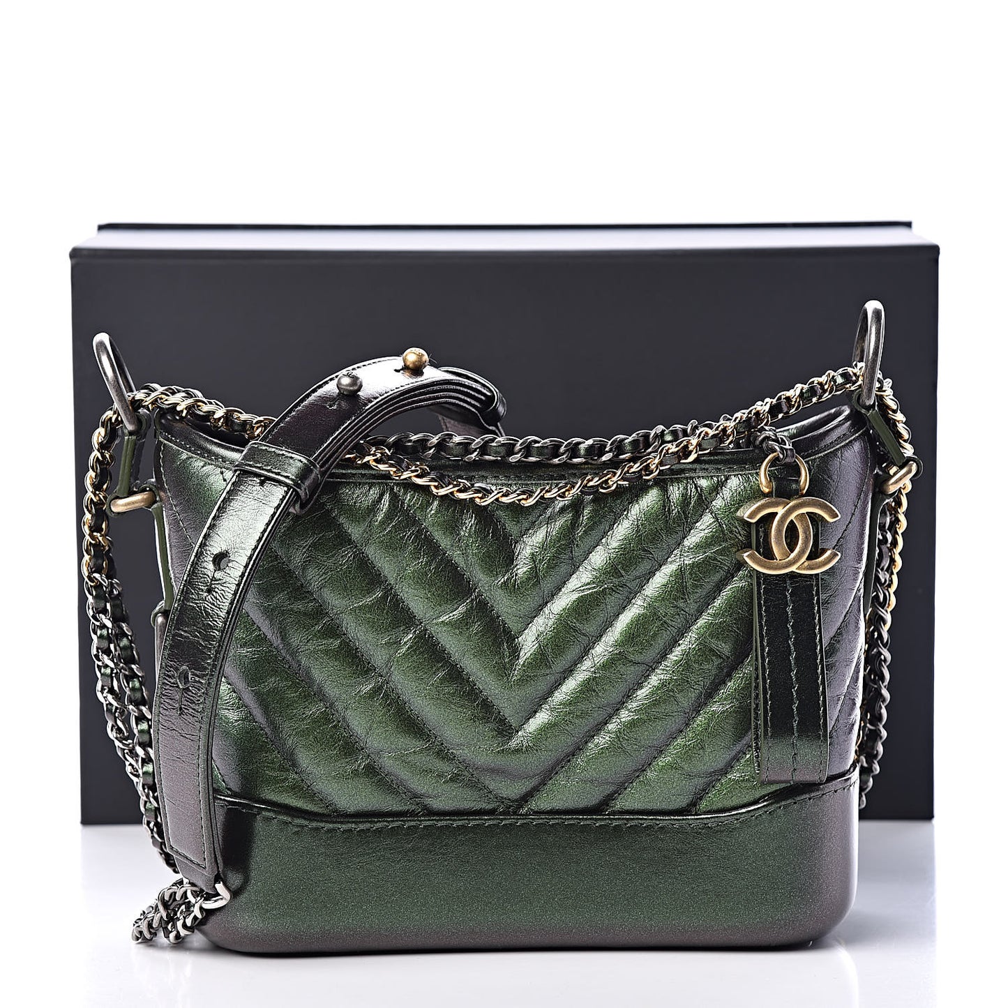 Metallic Calfskin Chevron Quilted Small Gabrielle Hobo Green