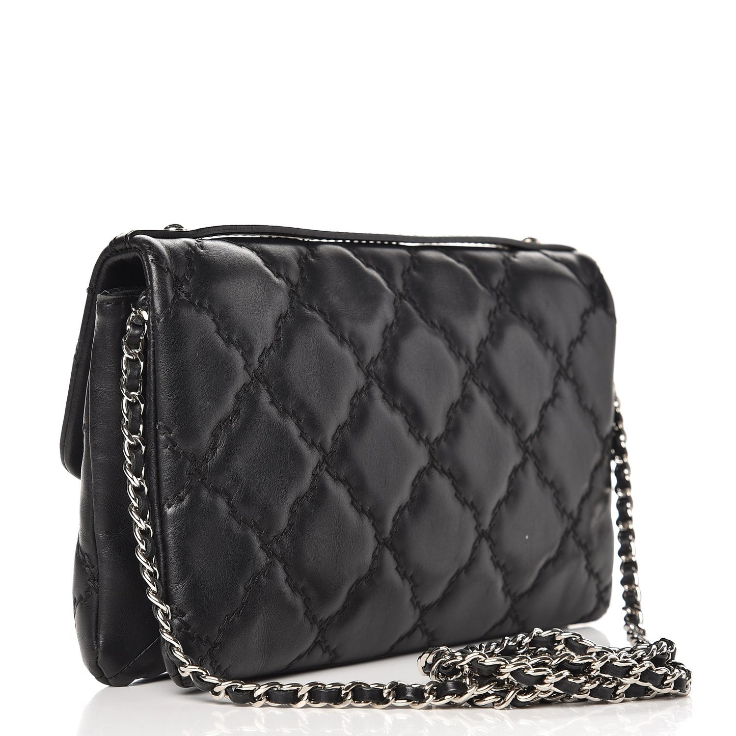 Calfskin Quilted Double Stitch Hamptons Clutch with Chain Black