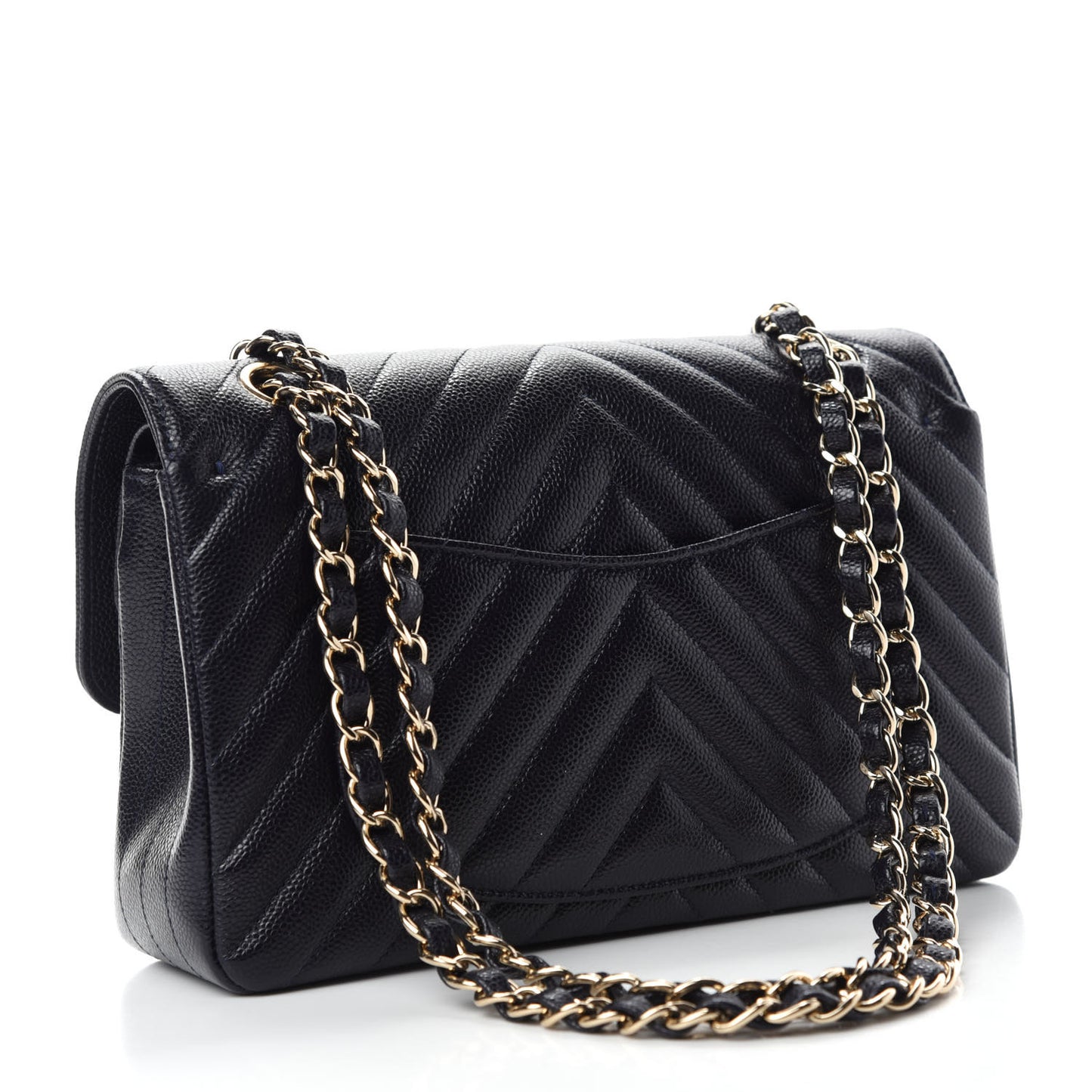 Caviar Chevron Quilted Small Double Flap Navy Blue
