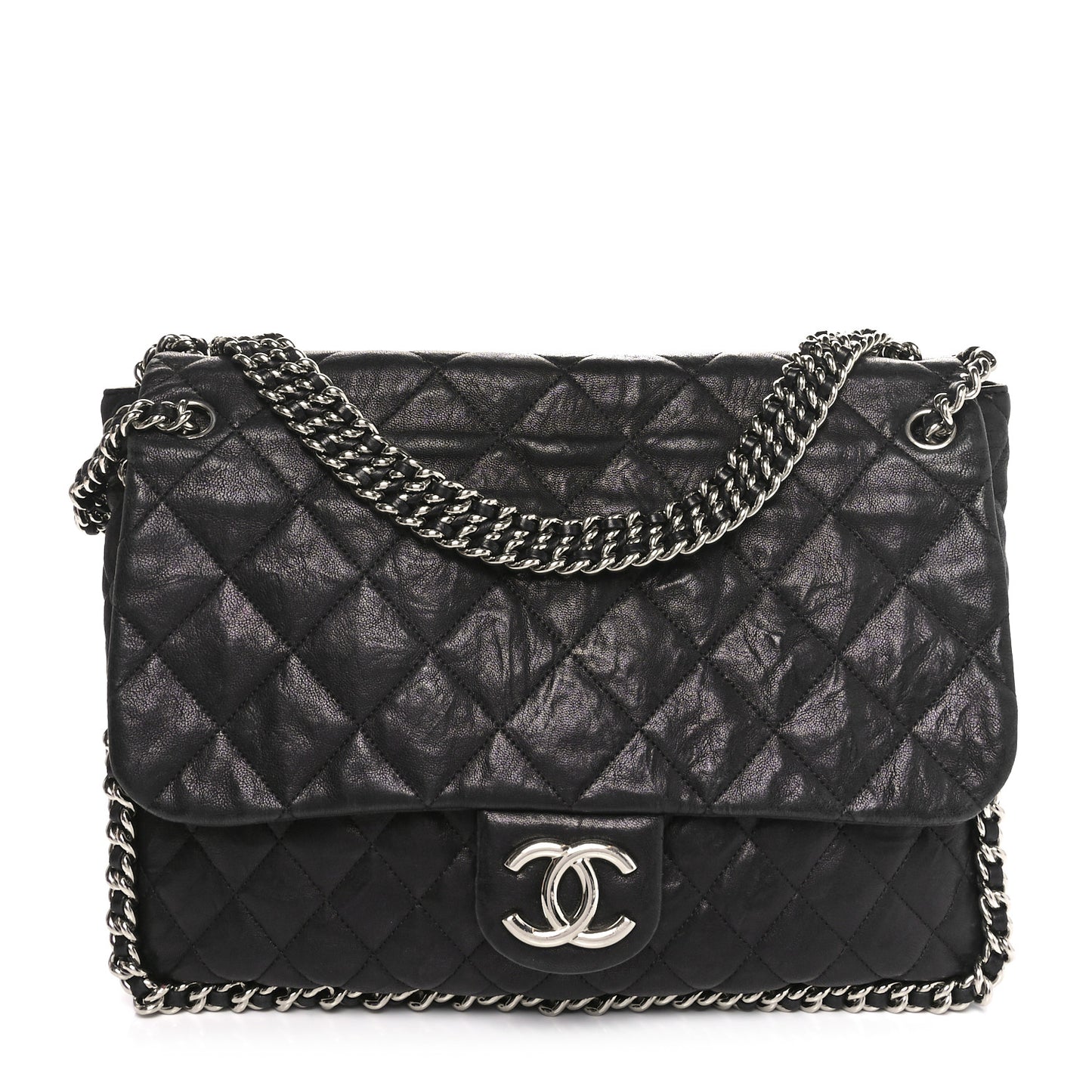 Washed Lambskin Quilted Maxi Chain Around Flap Black