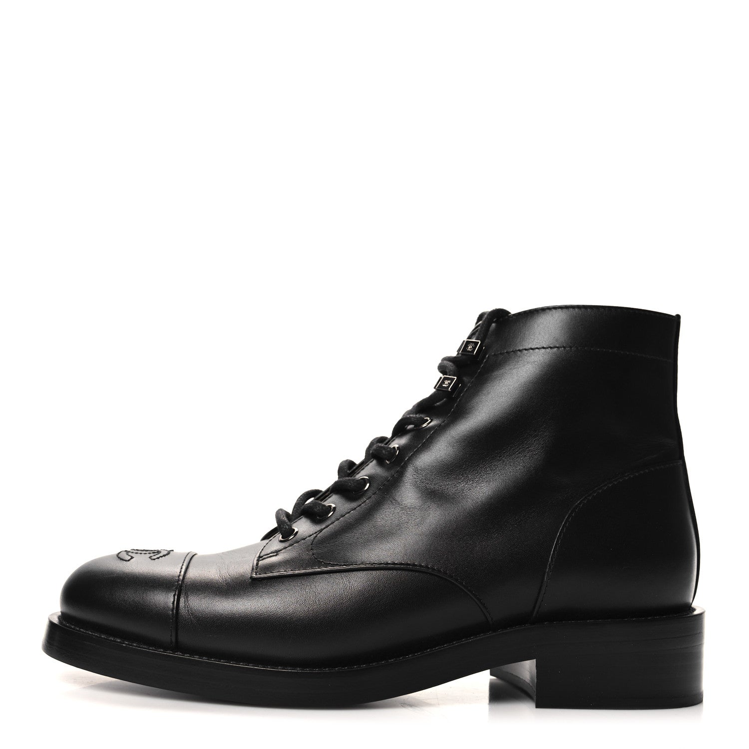 Chanel Calfskin Lace Up CC Combat Boots 40.5 Black 1 of 10