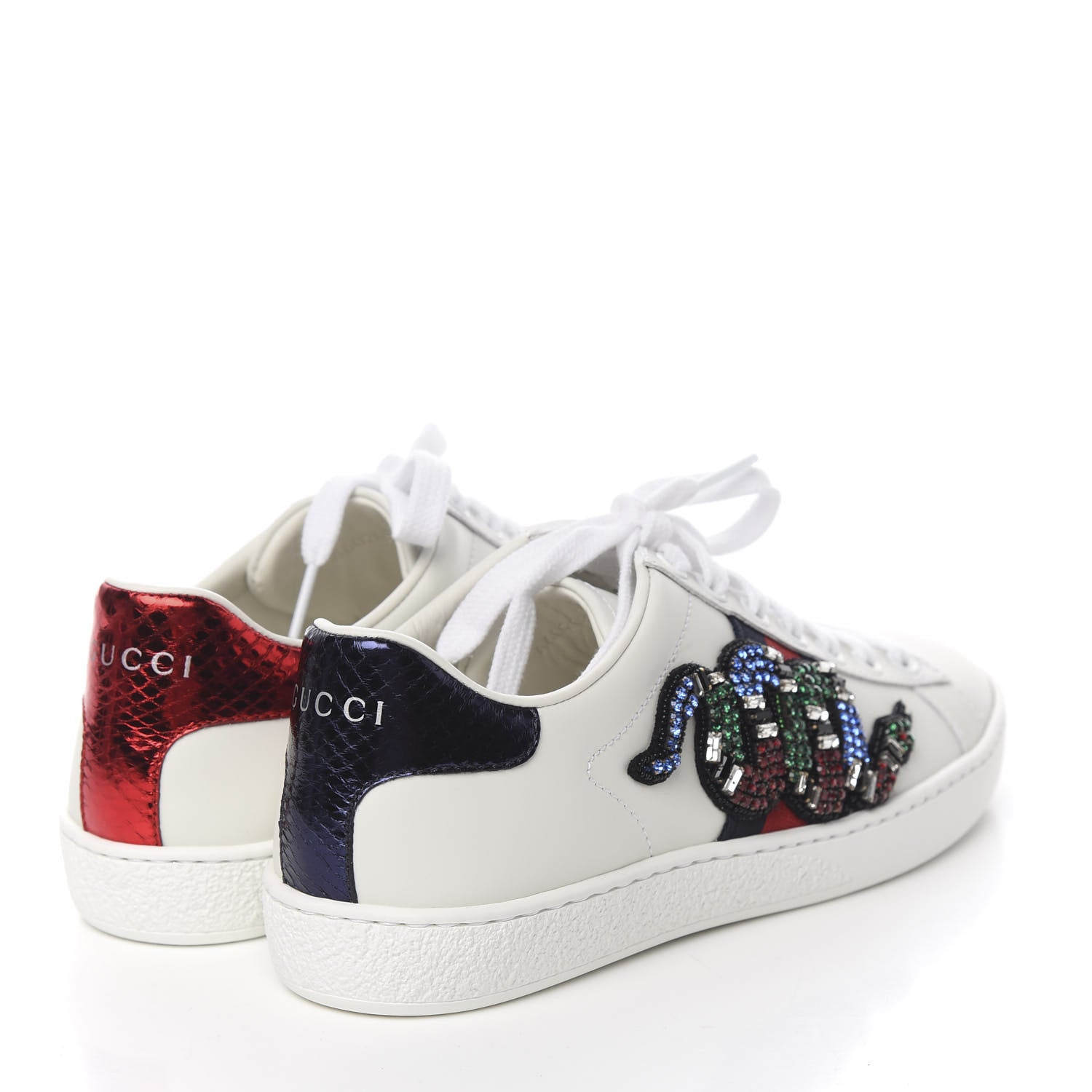 Gucci Calfskin Ayers Crystal Web Kingsnake Embroidered Womens Ace Sneakers 34.5 Green Red 3 of 10