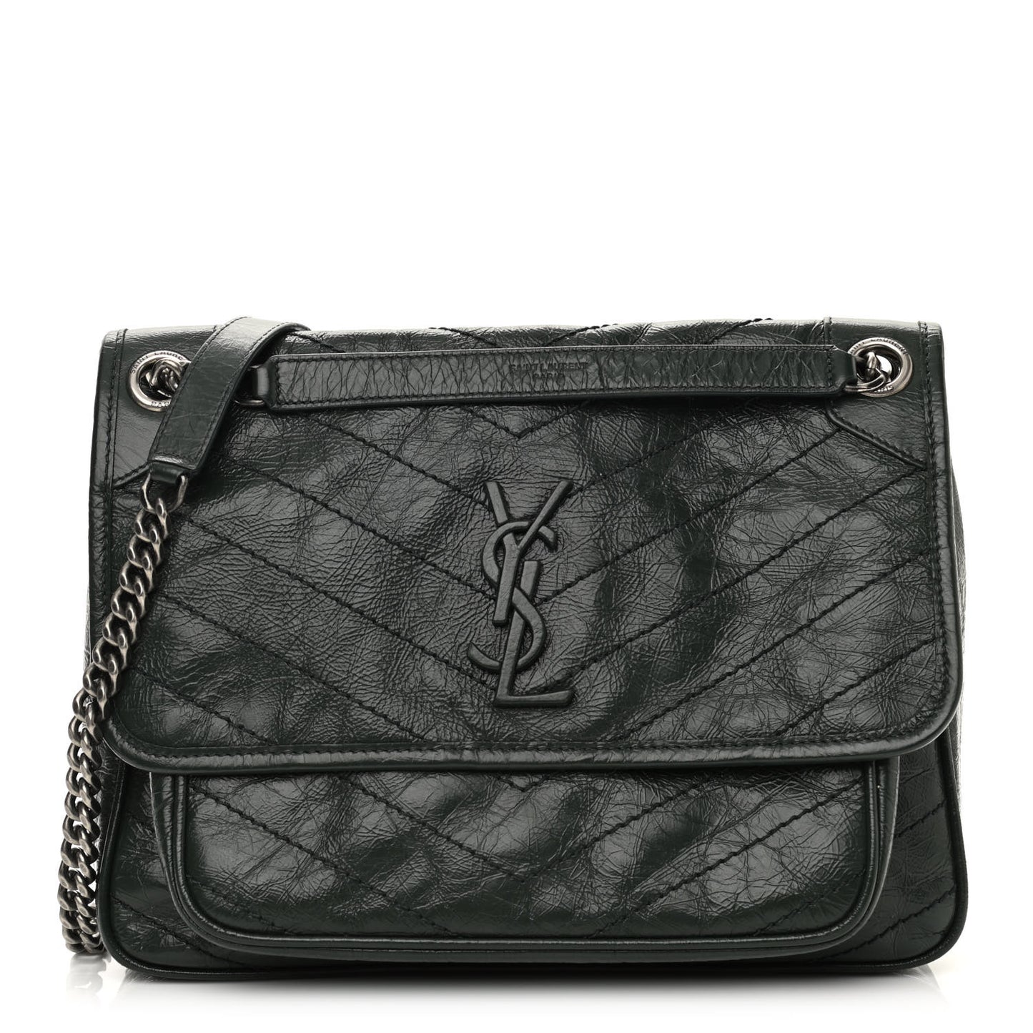 Crinkled Calfskin Matelasse Monogram Medium Niki Chain Satchel Military Olive