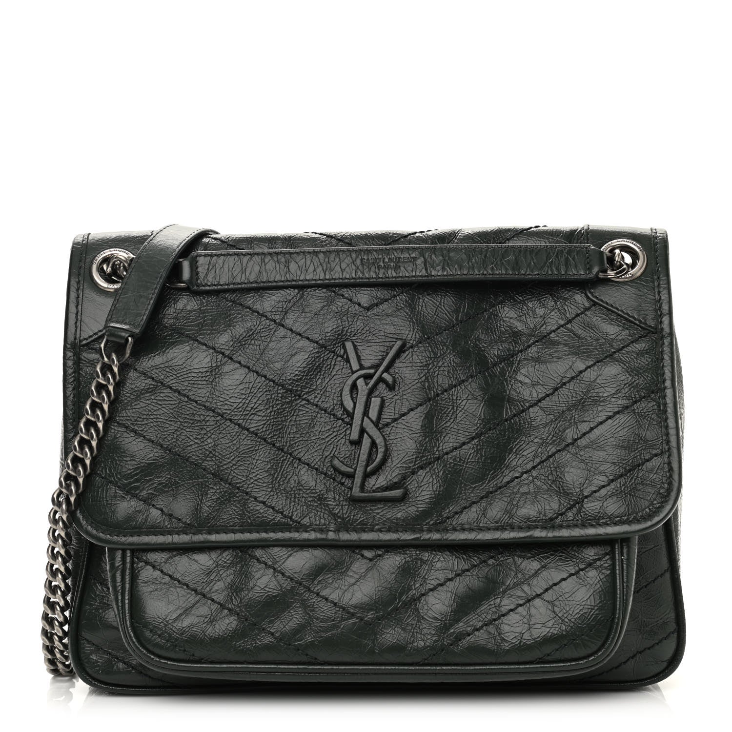 Saint Laurent Crinkled Calfskin Matelasse Monogram Medium Niki Chain Satchel Military Olive 1 of 11