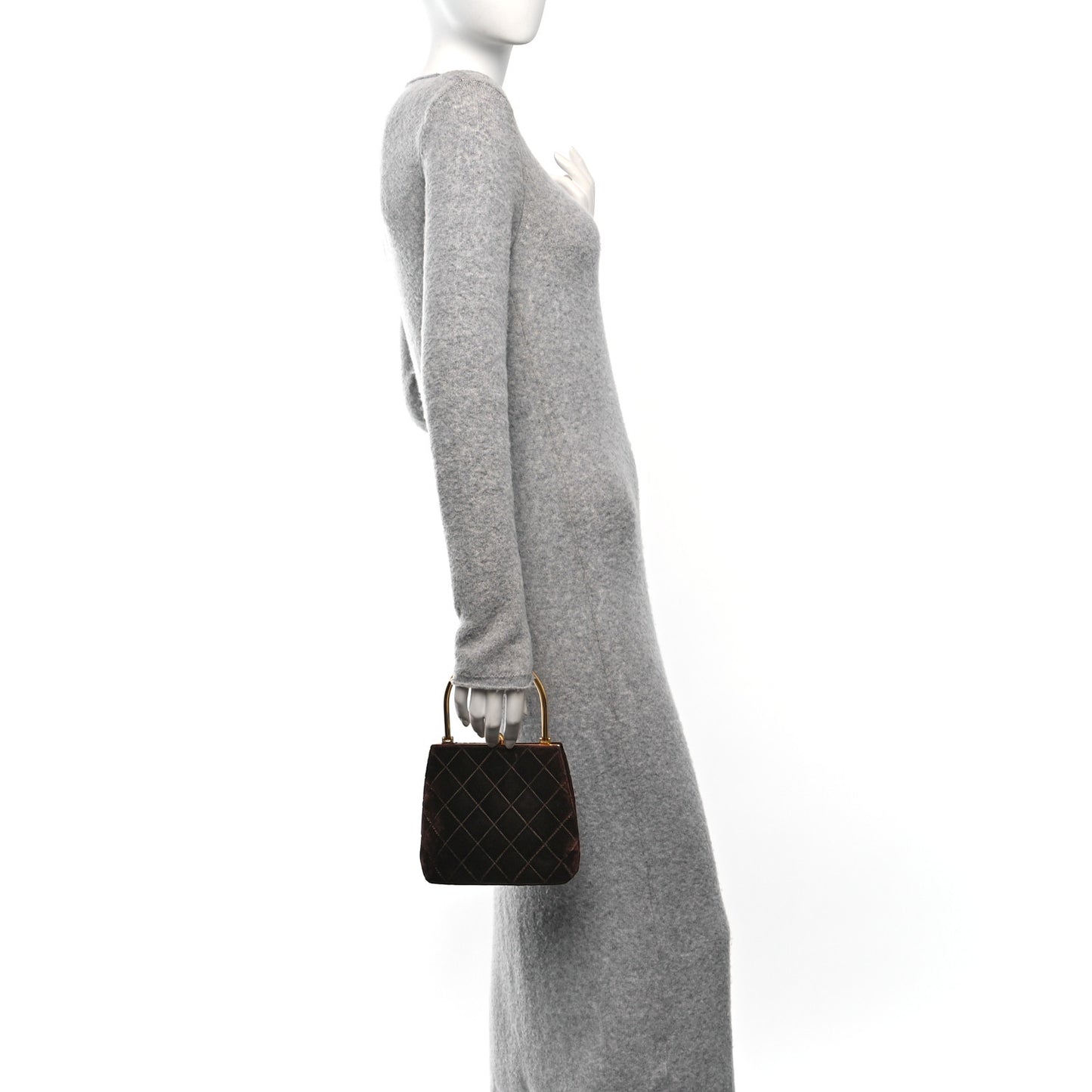 Suede Quilted Kisslock Top Handle Clutch Brown