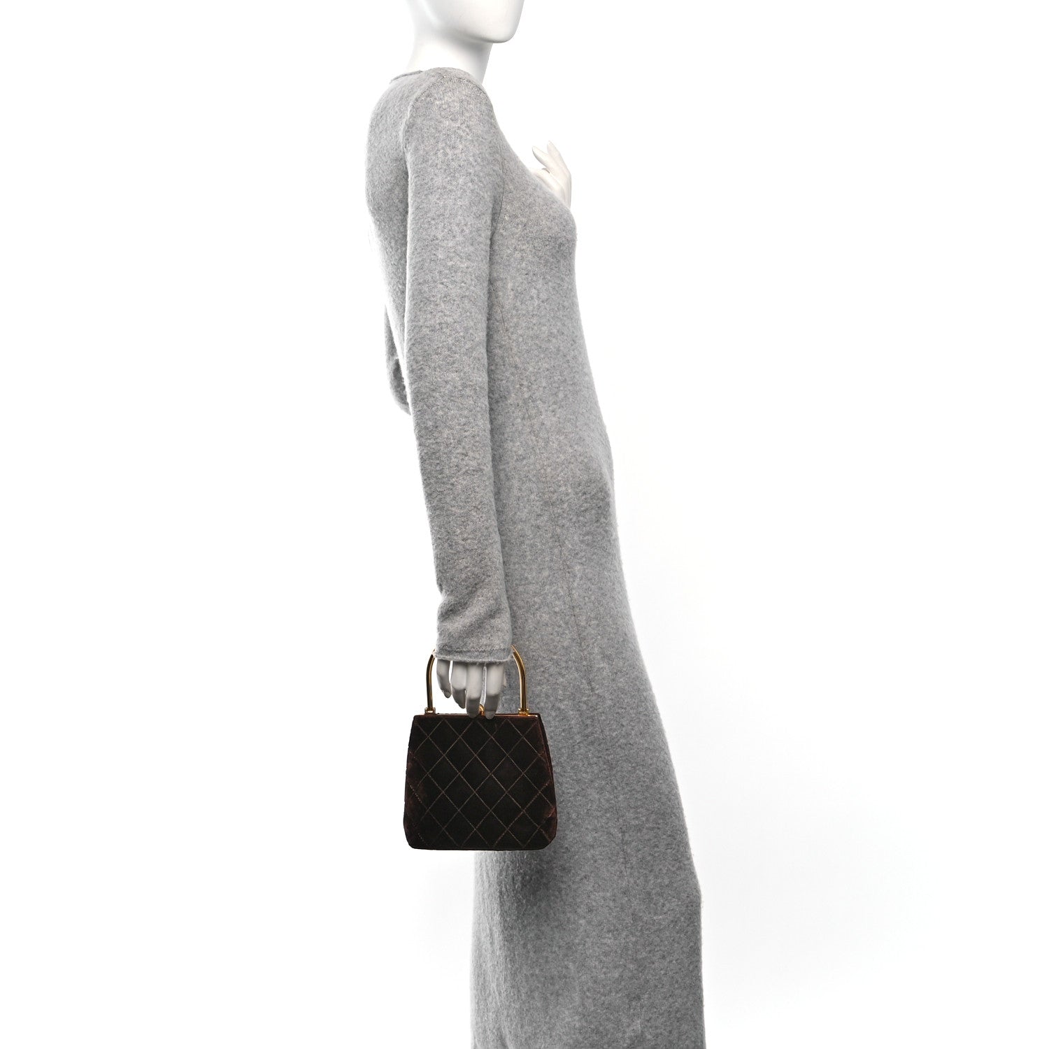 Chanel Suede Quilted Kisslock Top Handle Clutch Brown 2 of 11