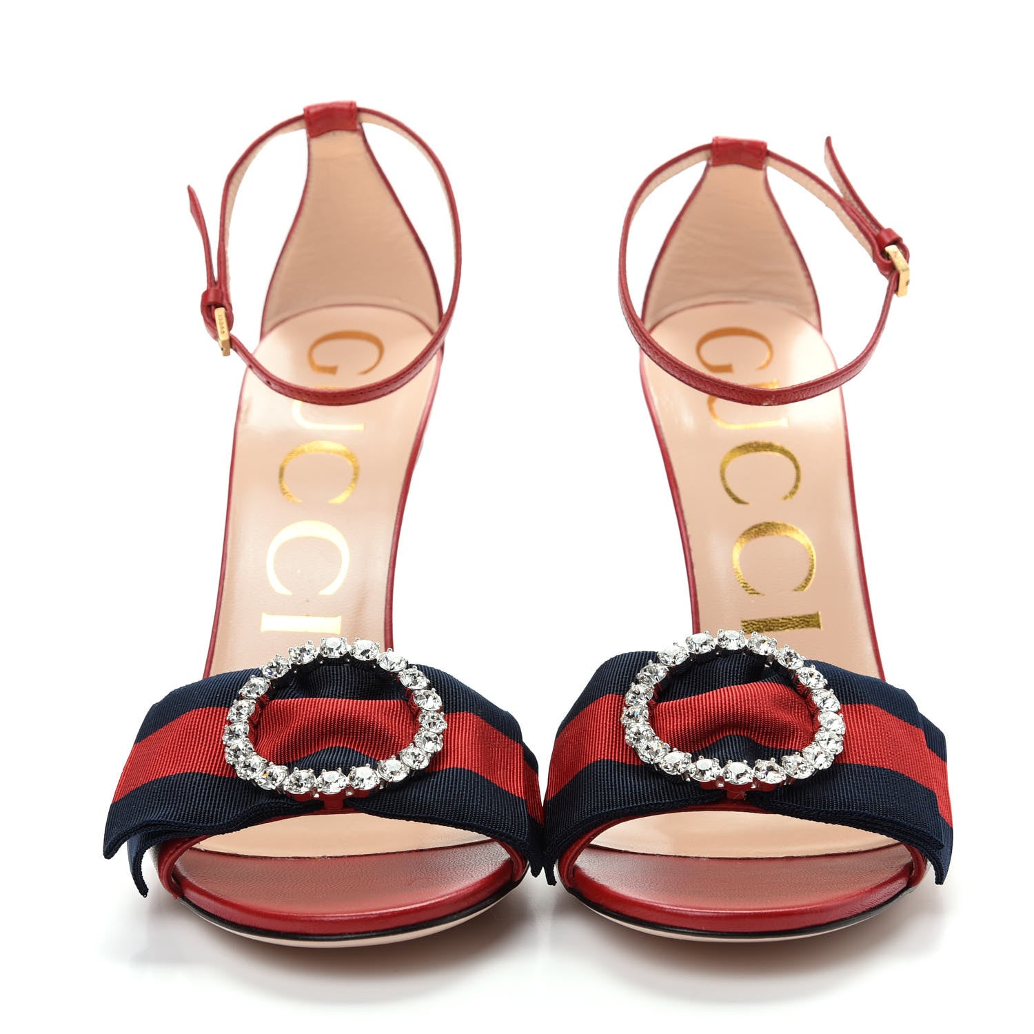 Gucci Nappa Crystal Web Ankle Strap High Heel Sandals 37.5 Hibiscus Red 2 of 8
