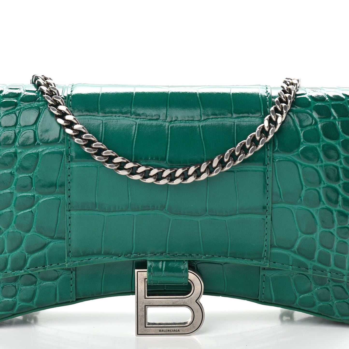Shiny Calfskin Crocodile Embossed Hourglass Chain Bag Green
