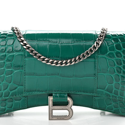 Balenciaga Shiny Calfskin Crocodile Embossed Hourglass Chain Bag Green 7 of 9