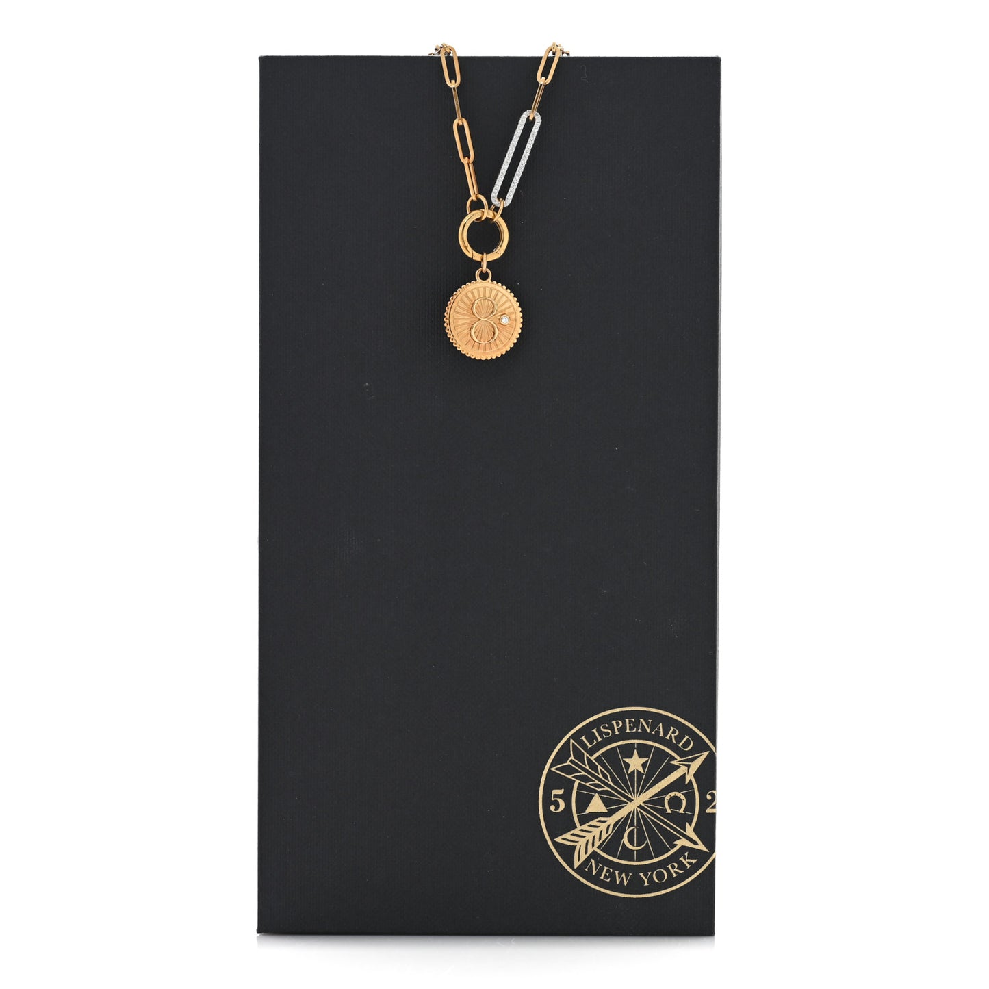 18K Yellow Gold Diamond Medium Karma Medallion Extended Open Clip Chain Necklace