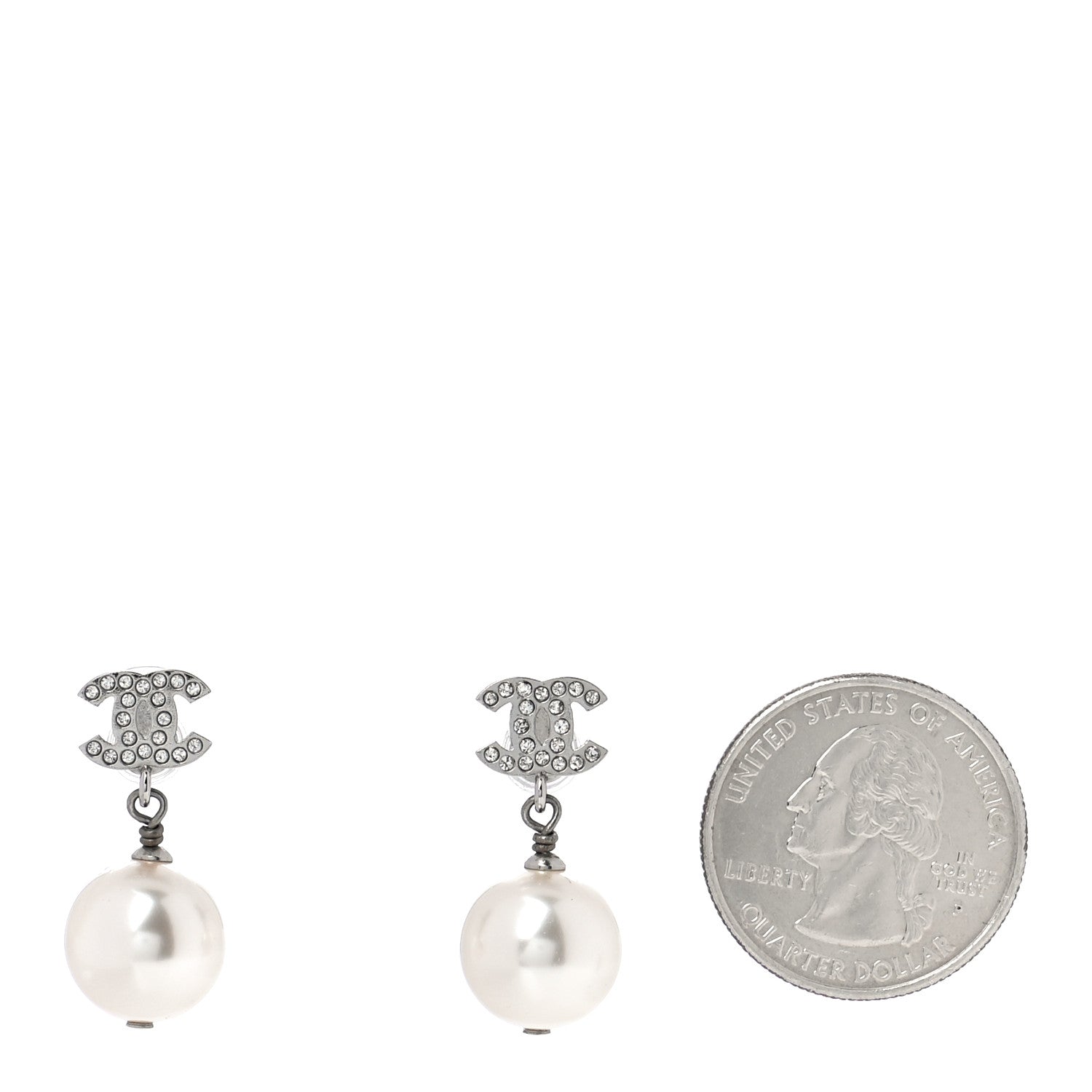 Chanel Pearl Crystal CC Drop Earrings Silver 2 of 4
