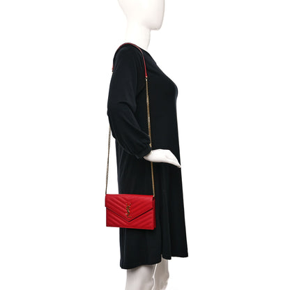 Saint Laurent Grain De Poudre Matelasse Chevron Monogram Envelope Chain Wallet Red 2 of 10