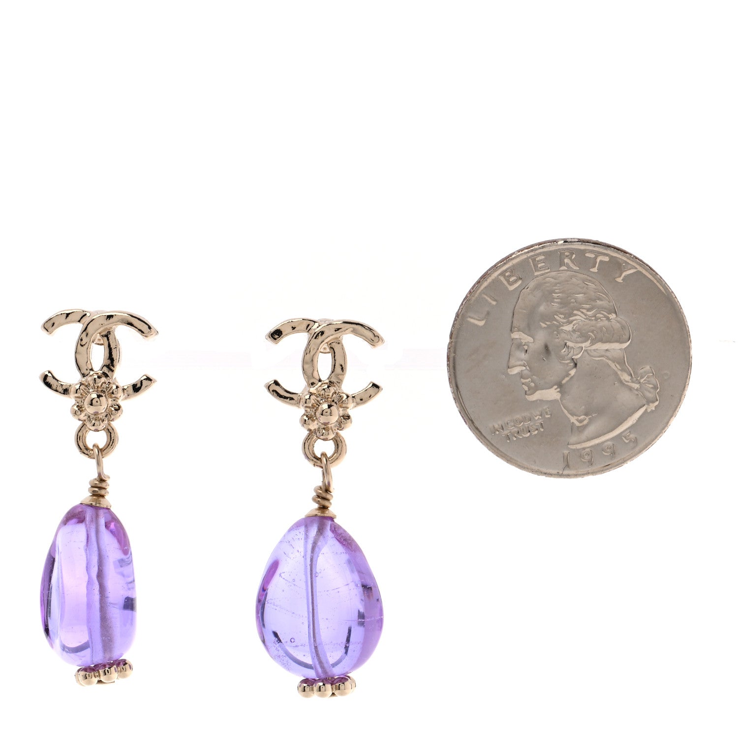 Chanel Bead CC Flower Drop Earrings Golden Purple 2 of 5