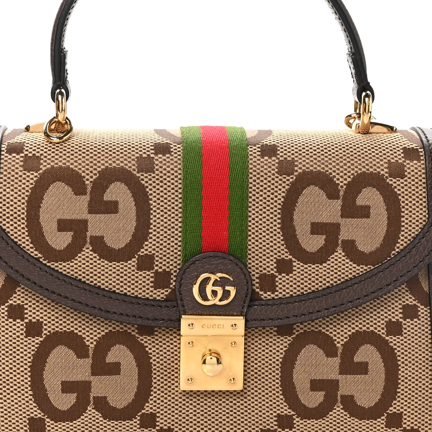 Gucci Monogram Jumbo GG Textured Dollar Calfskin Web Small Ophidia Padlock Top Handle Bag Camel Ebony New Acero 8 of 11