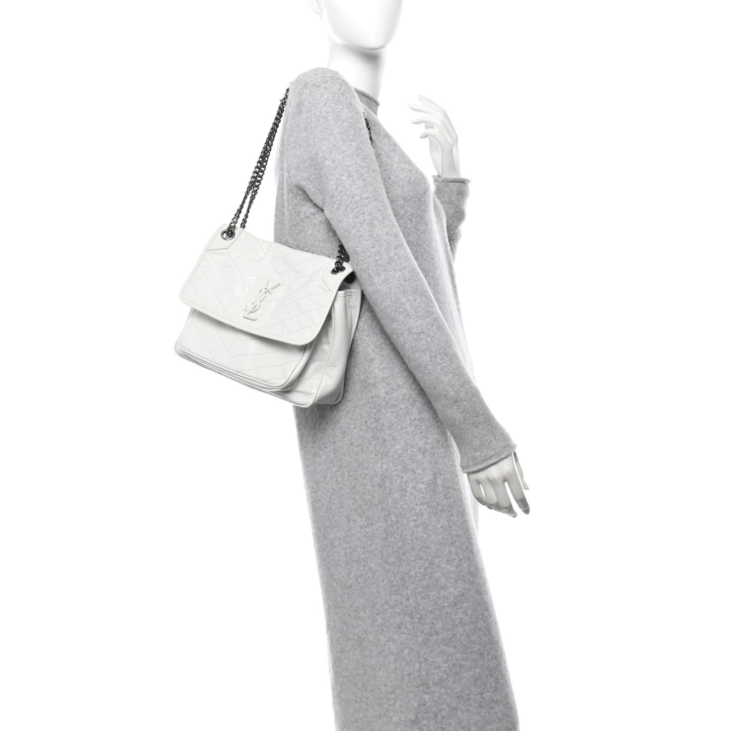 Crinkled Calfskin Matelasse Monogram Medium Niki Chain Satchel Dirty White