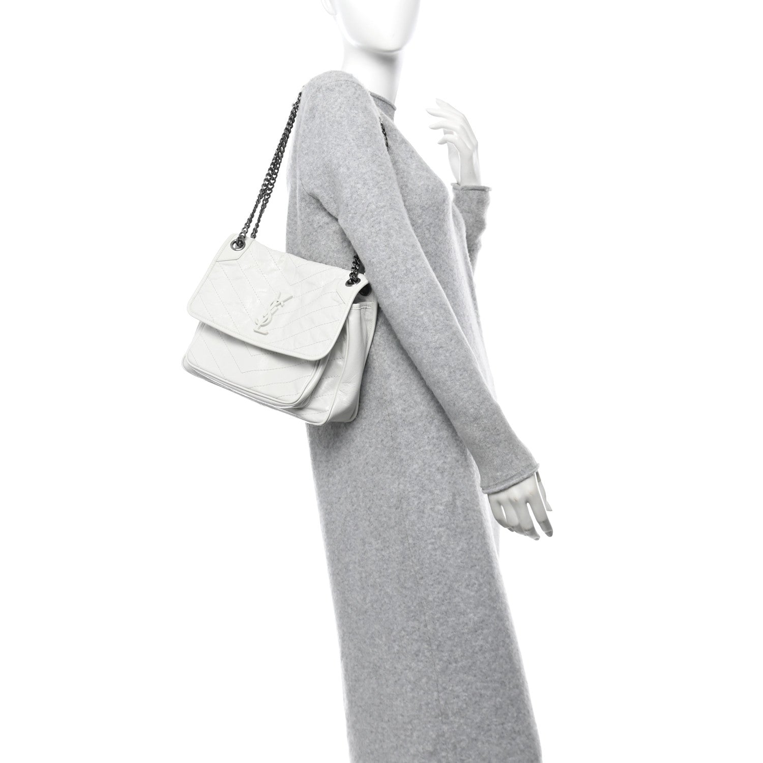 Saint Laurent Crinkled Calfskin Matelasse Monogram Medium Niki Chain Satchel Dirty White 2 of 13