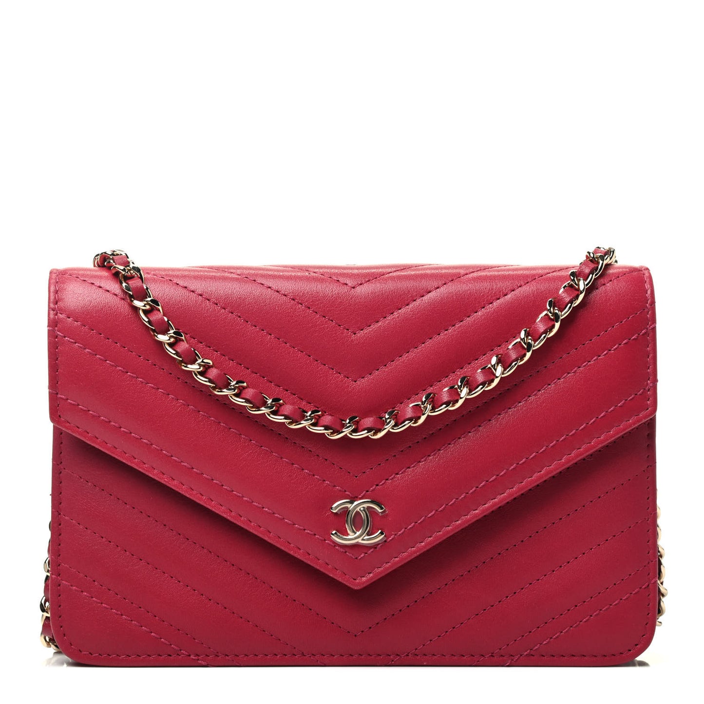 Goatskin Chevron Quilted Statement Wallet On Chain WOC Dark Pink