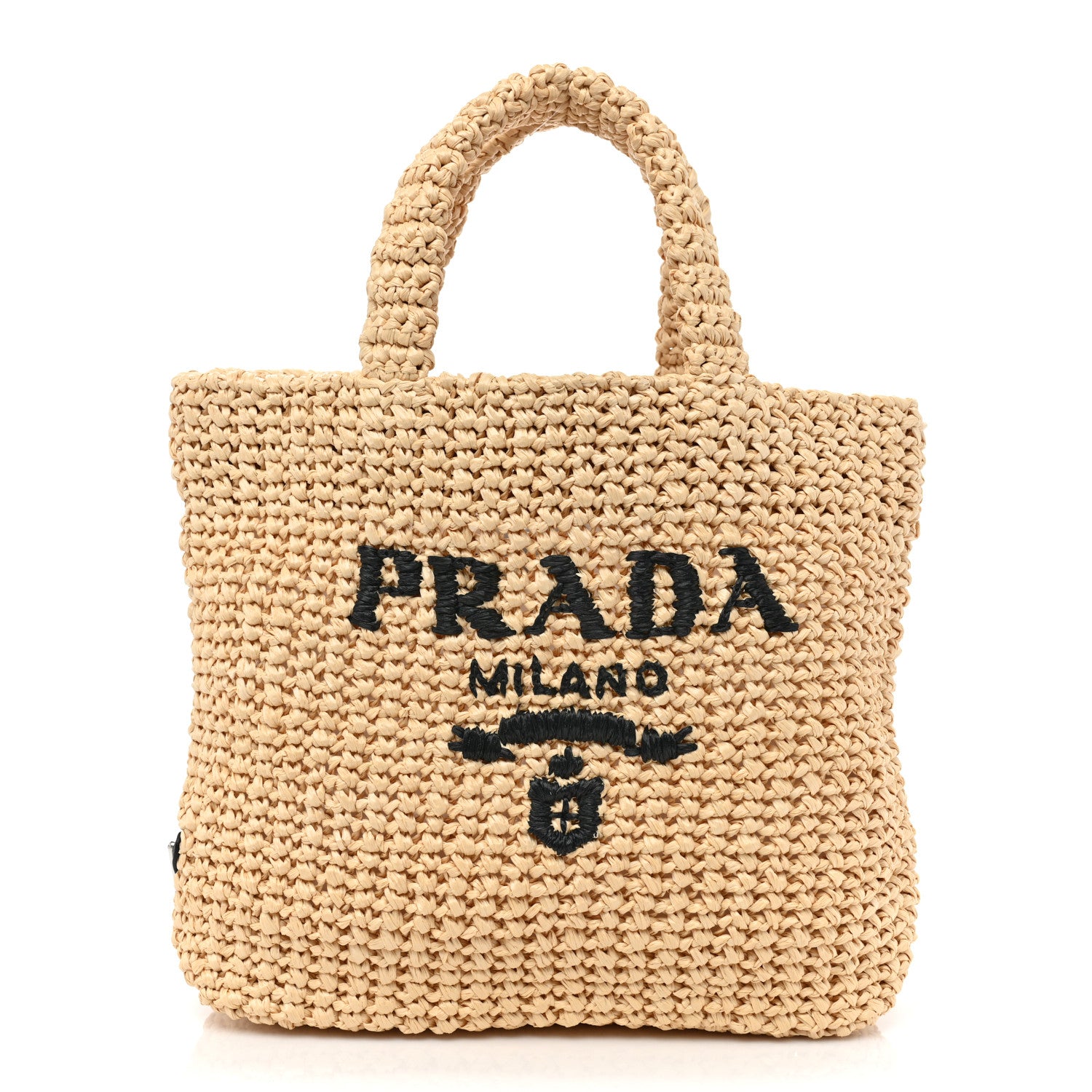 Prada Yarn Raffia Effect Crochet Embroidered Small Logo Tote Naturale 1 of 7