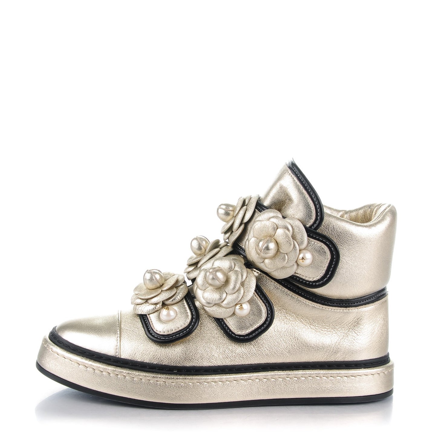 Metallic Lambskin Camellia High Top Sneakers 37 Gold