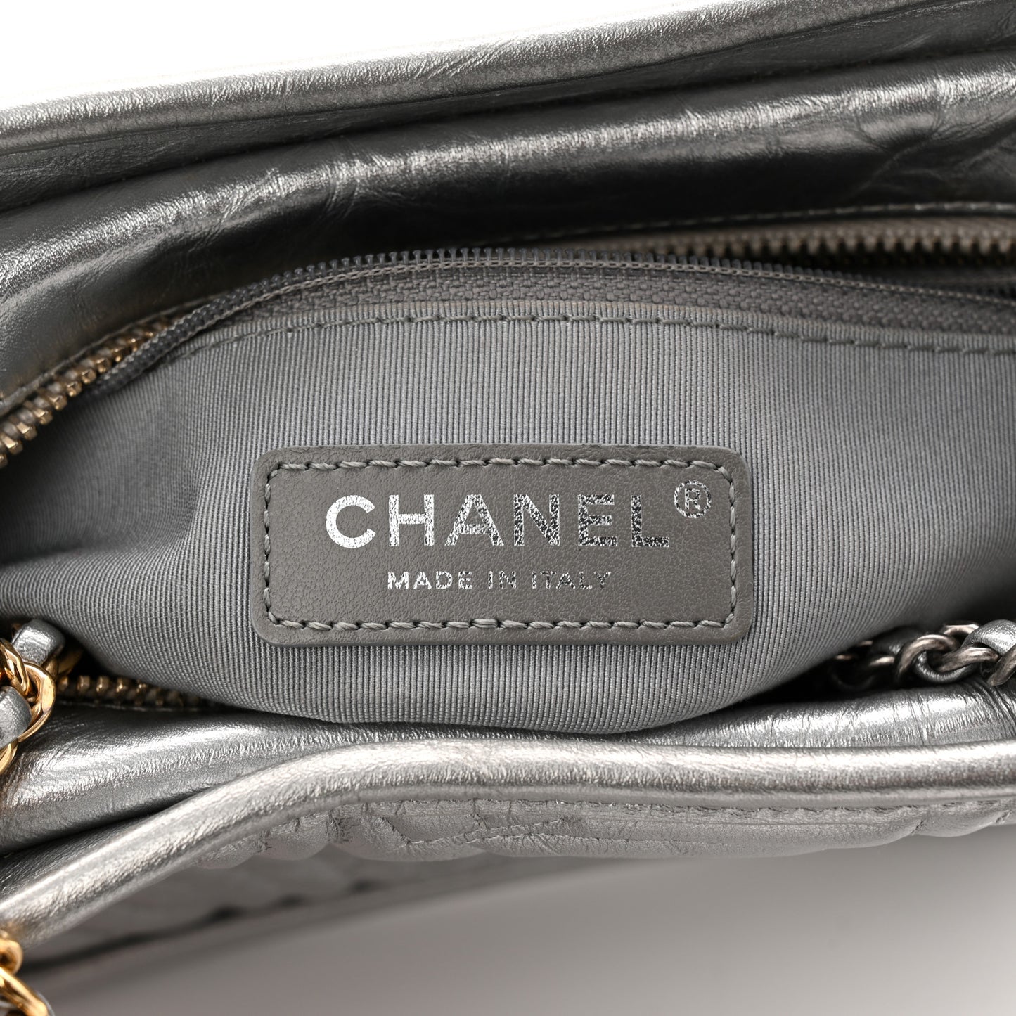 Metallic Aged Calfskin CC Quilted Small Gabrielle Hobo Dark Silver