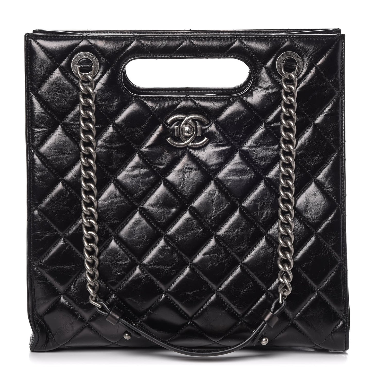 Glazed Calfskin Quilted Small Perfect Edge Shopping Tote Black