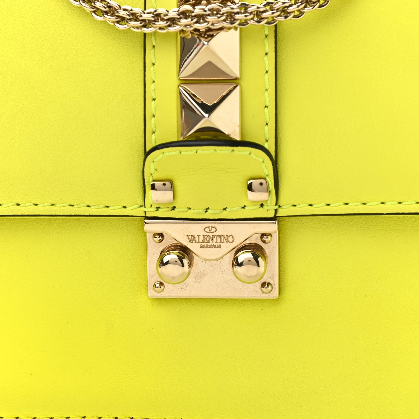 Vitello Small Glam Lock Rockstud Flap Neon Yellow