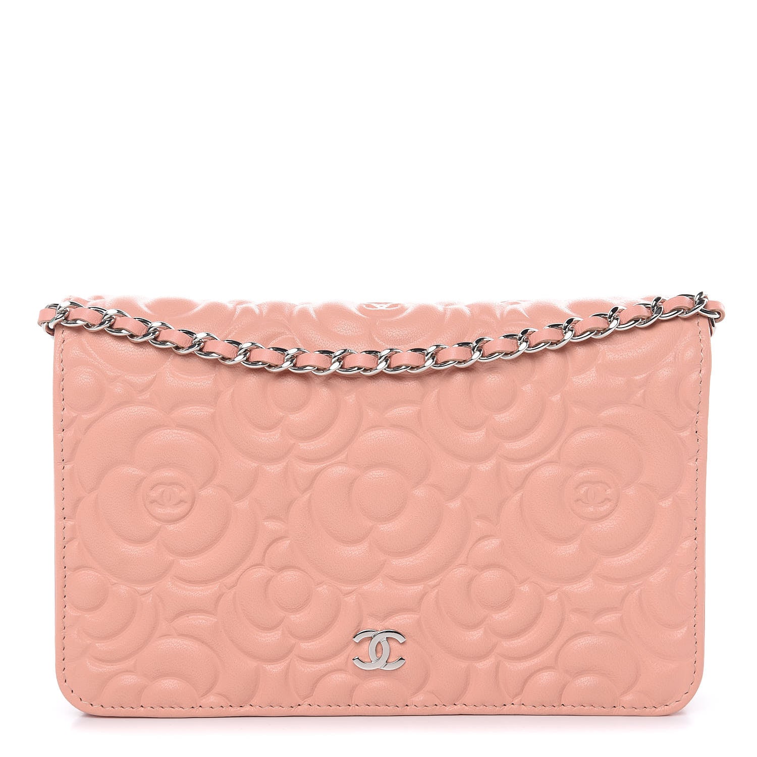 Chanel Goatskin Camellia Embossed Wallet On Chain WOC Light Pink 1 of 12
