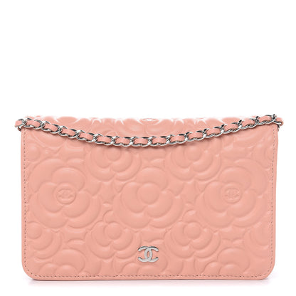 Chanel Goatskin Camellia Embossed Wallet On Chain WOC Light Pink 1 of 12
