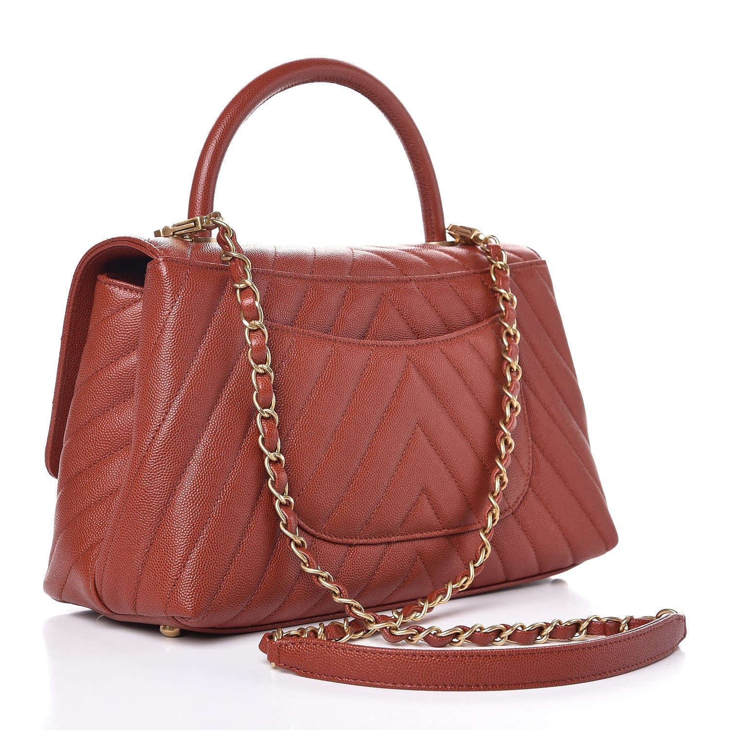 Chanel Caviar Chevron Quilted Small Coco Handle Flap Dark Orange 3 of 8