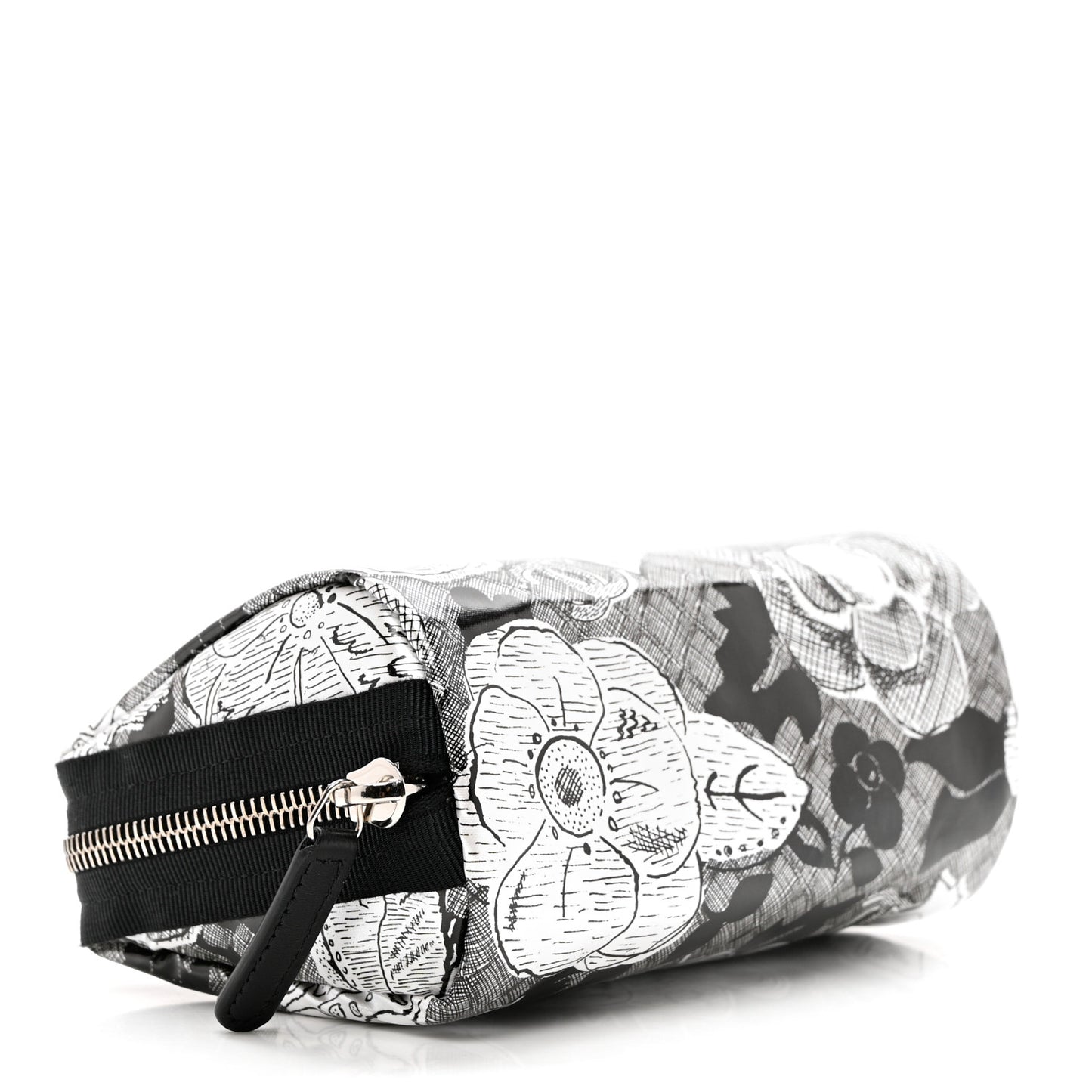Coated Canvas Lambskin Camellia Cosmetic Pouch Black White