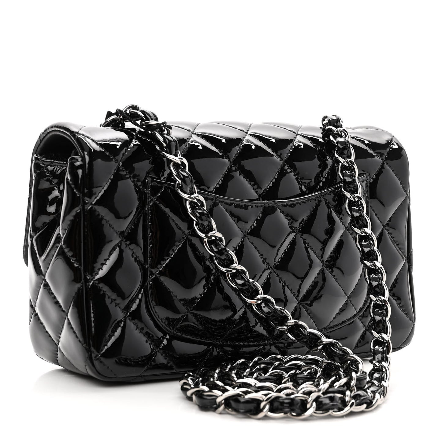 Patent Calfskin Quilted Mini Rectangular Flap Black
