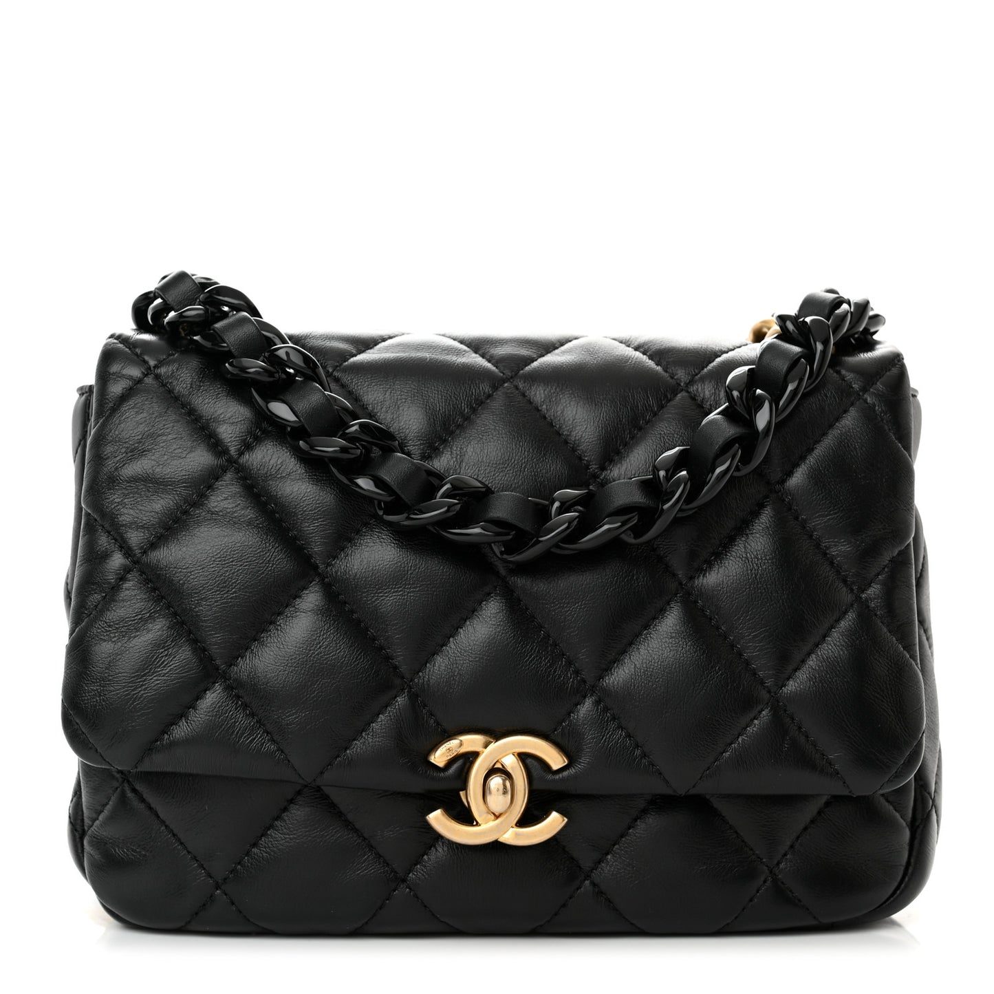 Lambskin Quilted Small Lacquered Chain Flap Black