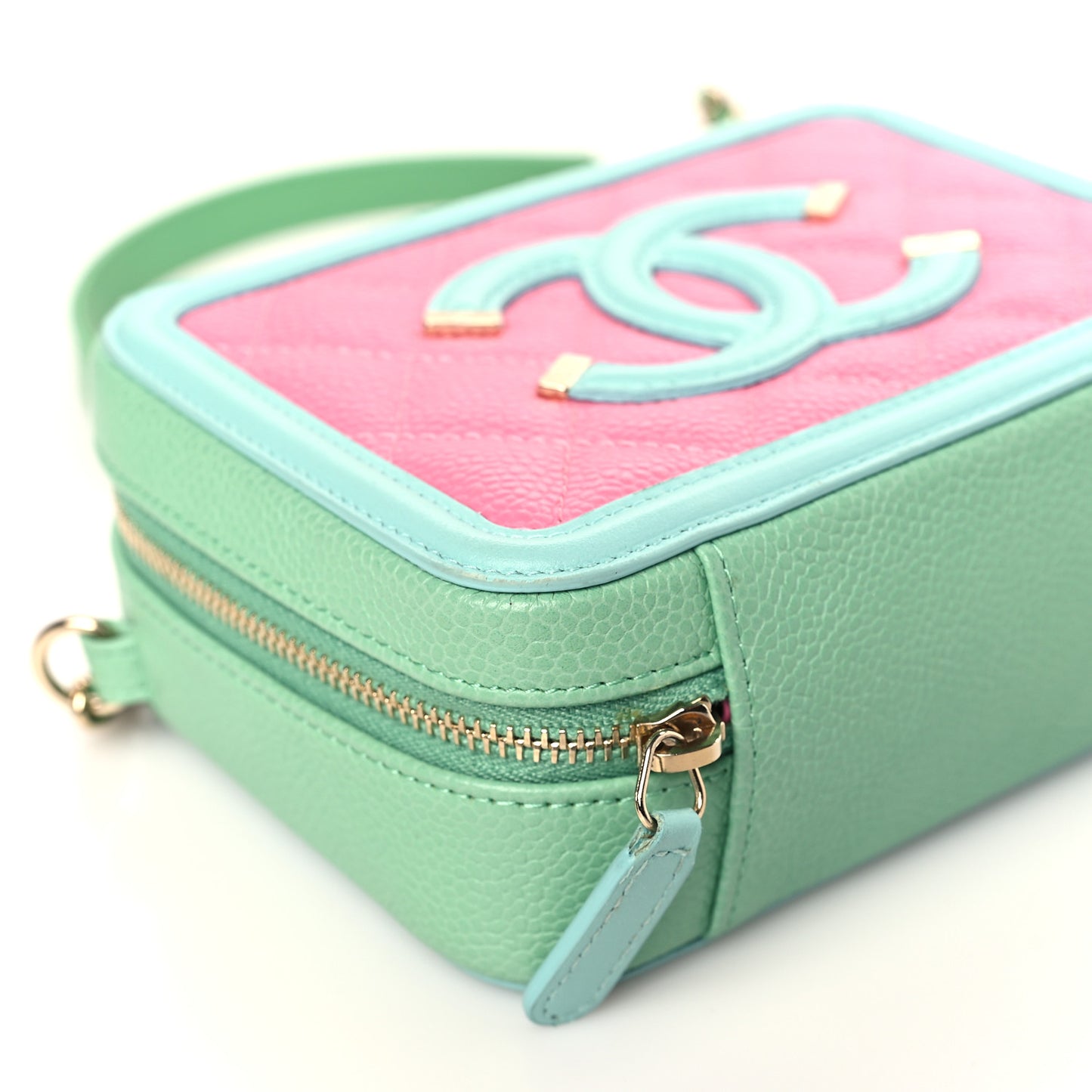 Caviar Quilted Filigree Vanity Clutch With Chain Pink Light Blue Green