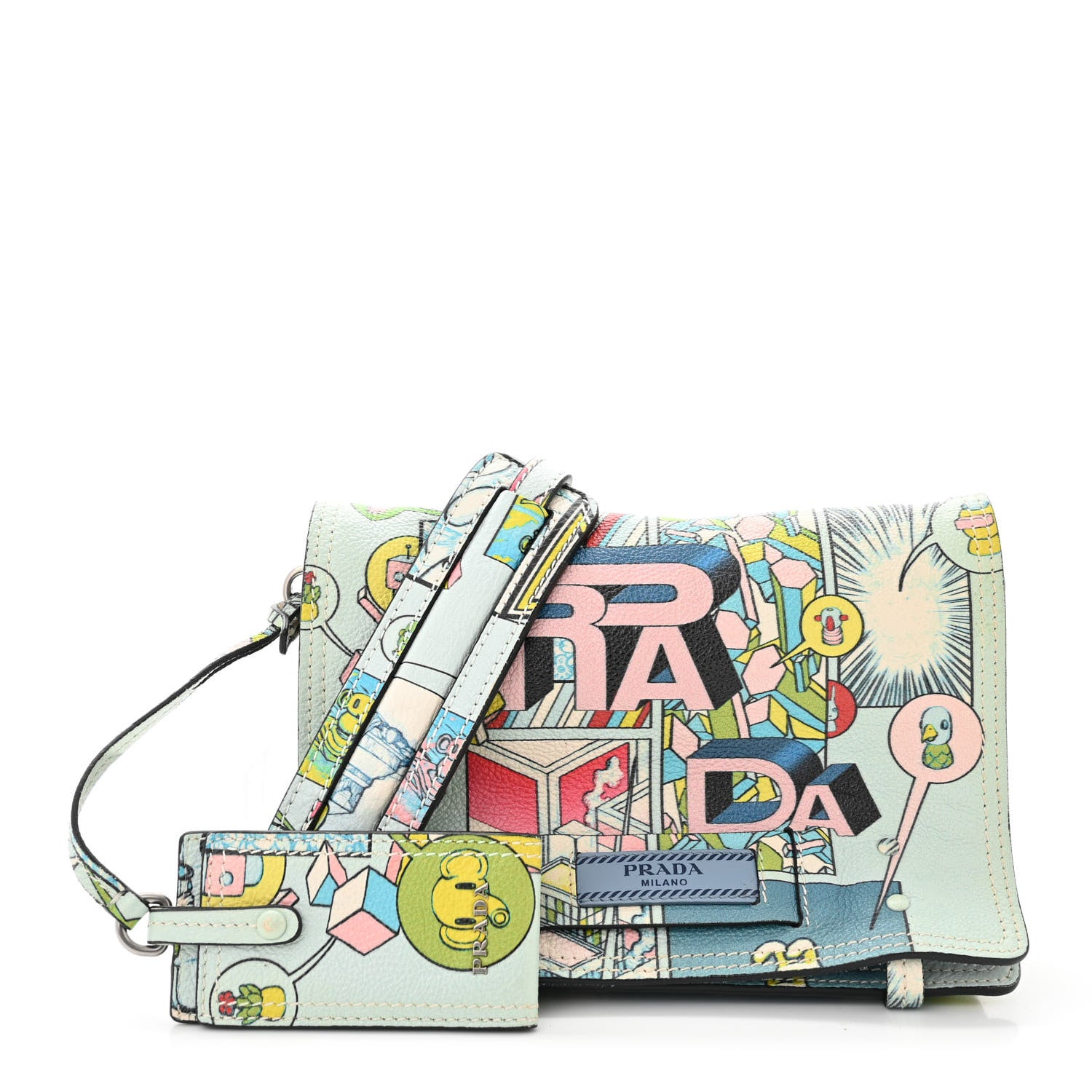 Prada X JAMES JEAN Glace Calfskin Comic Print Small Etiquette Flap Cielo Astral 1 of 9