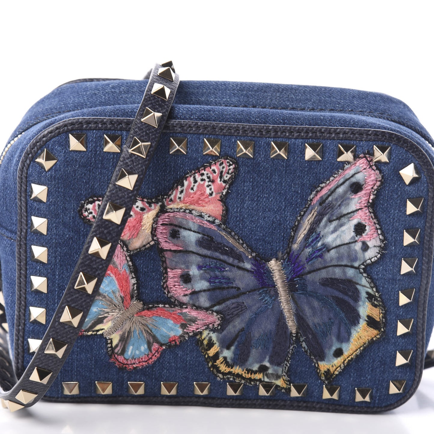 Denim Butterfly Embroidered Rockstud Camera Crossbody Bag Light Denim Multicolor