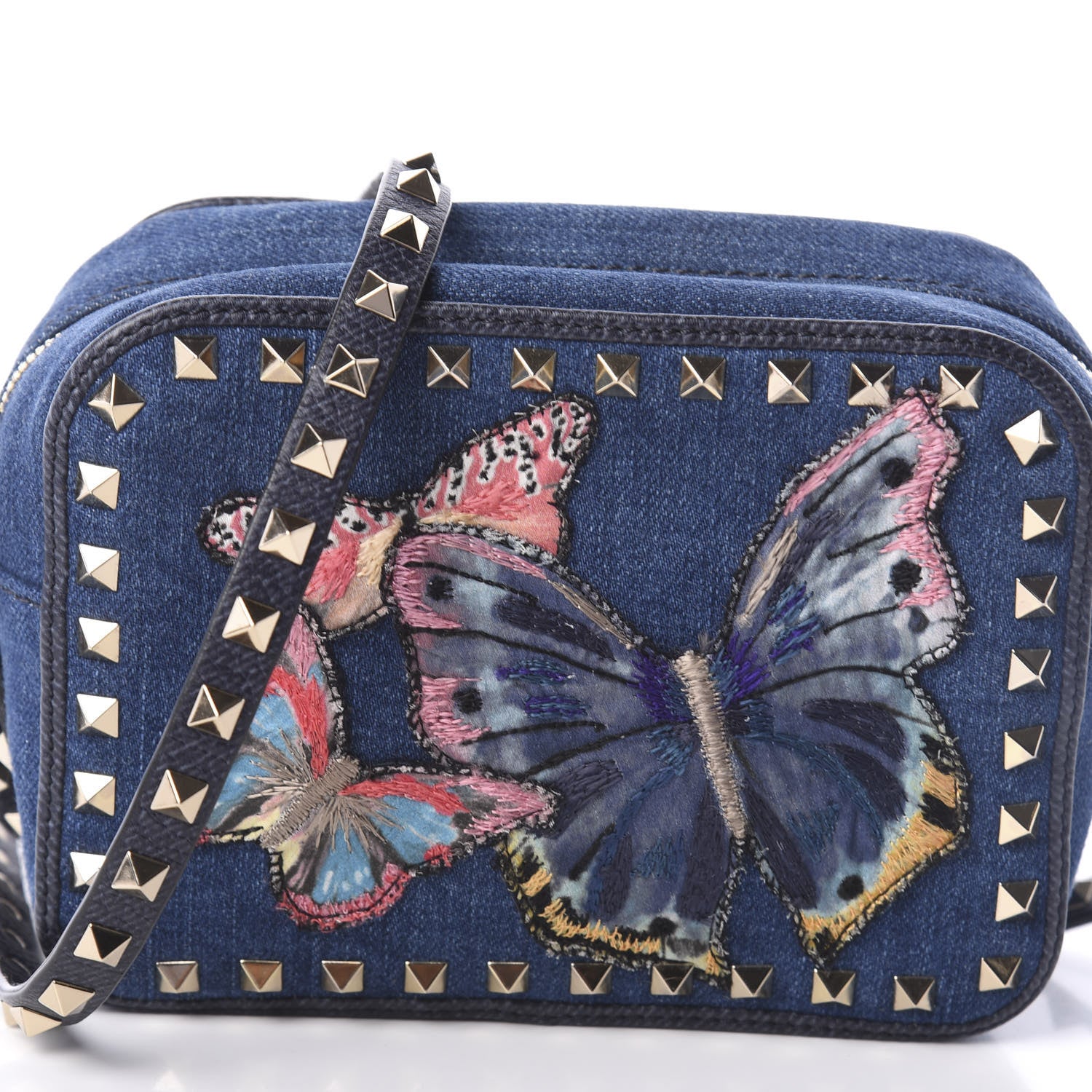 Valentino Garavani Denim Butterfly Embroidered Rockstud Camera Crossbody Bag Light Denim Multicolor 7 of 9