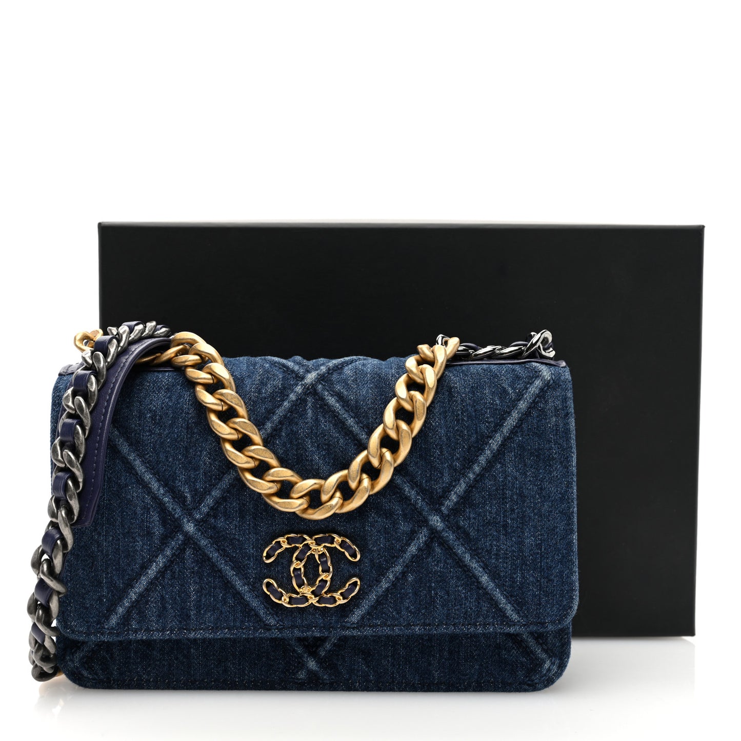 Denim Quilted Chanel 19 Wallet On Chain WOC Blue