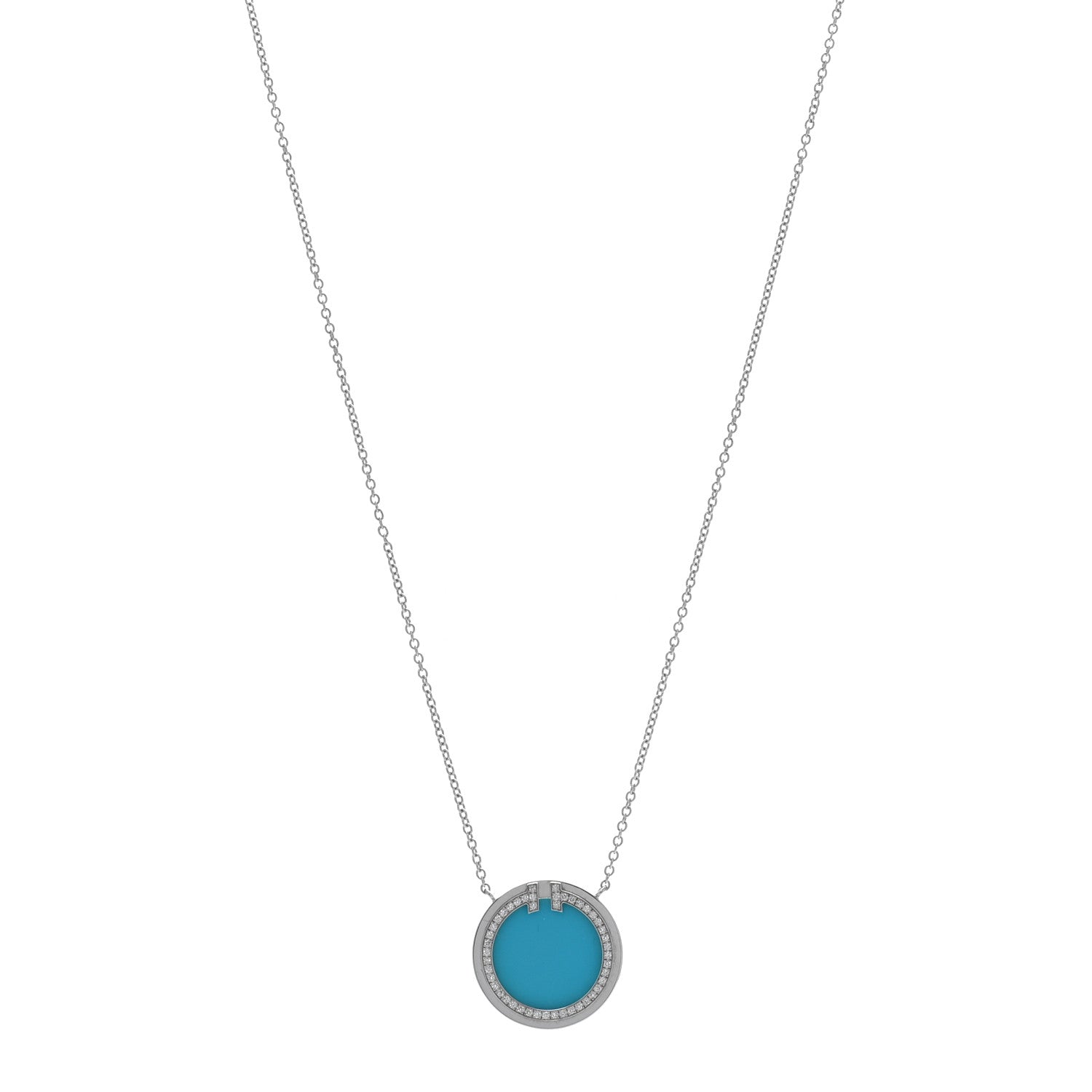 Tiffany 18K White Gold Diamond Turquoise T Circle Pendant Necklace 1 of 5