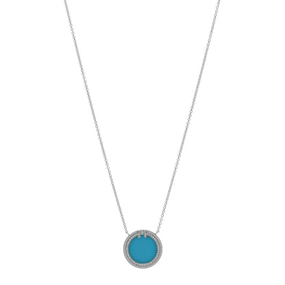 Tiffany 18K White Gold Diamond Turquoise T Circle Pendant Necklace 1 of 5