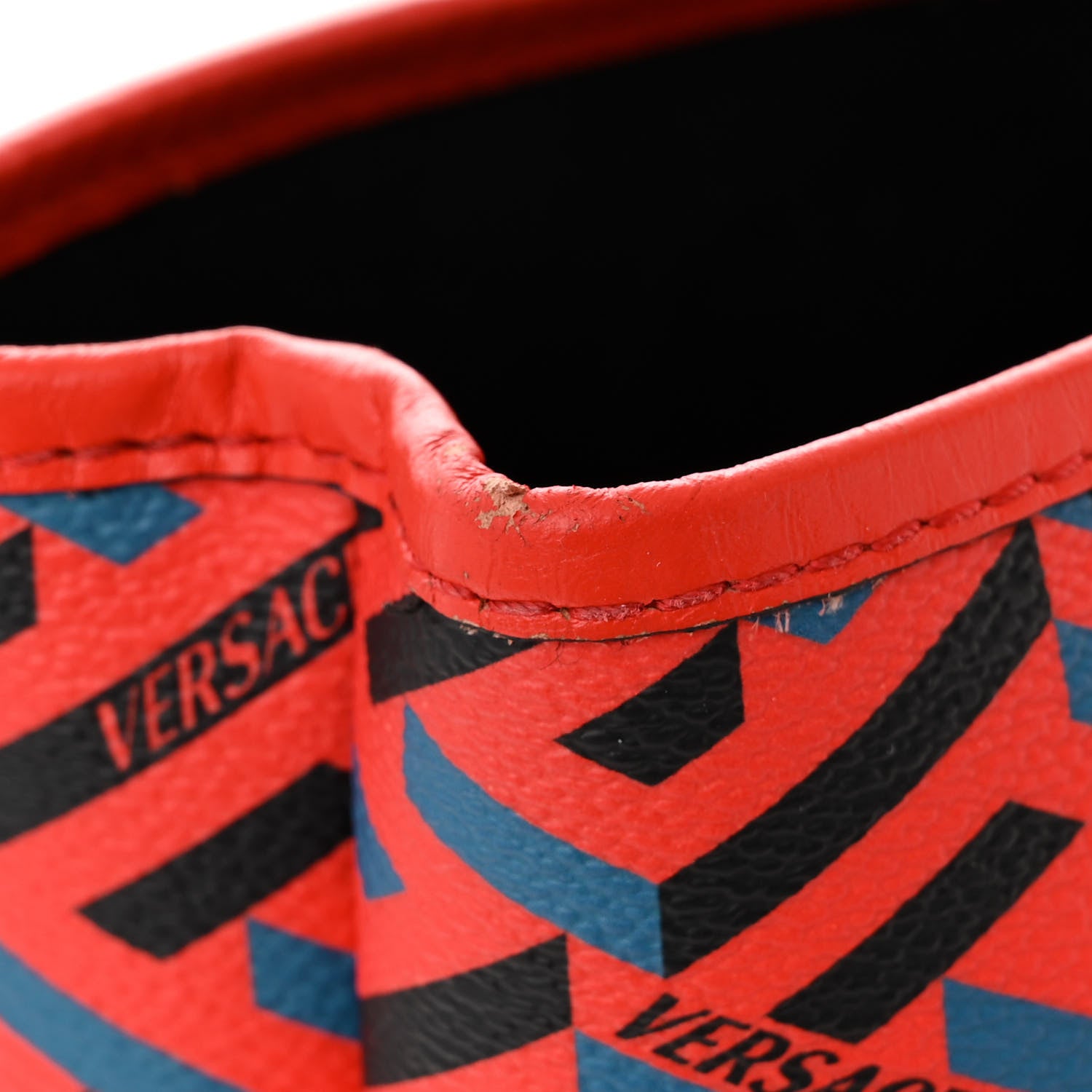 Versace Coated Canvas Calfskin La Greca Signature Shopper Tote Bag Blue Red 13 of 13